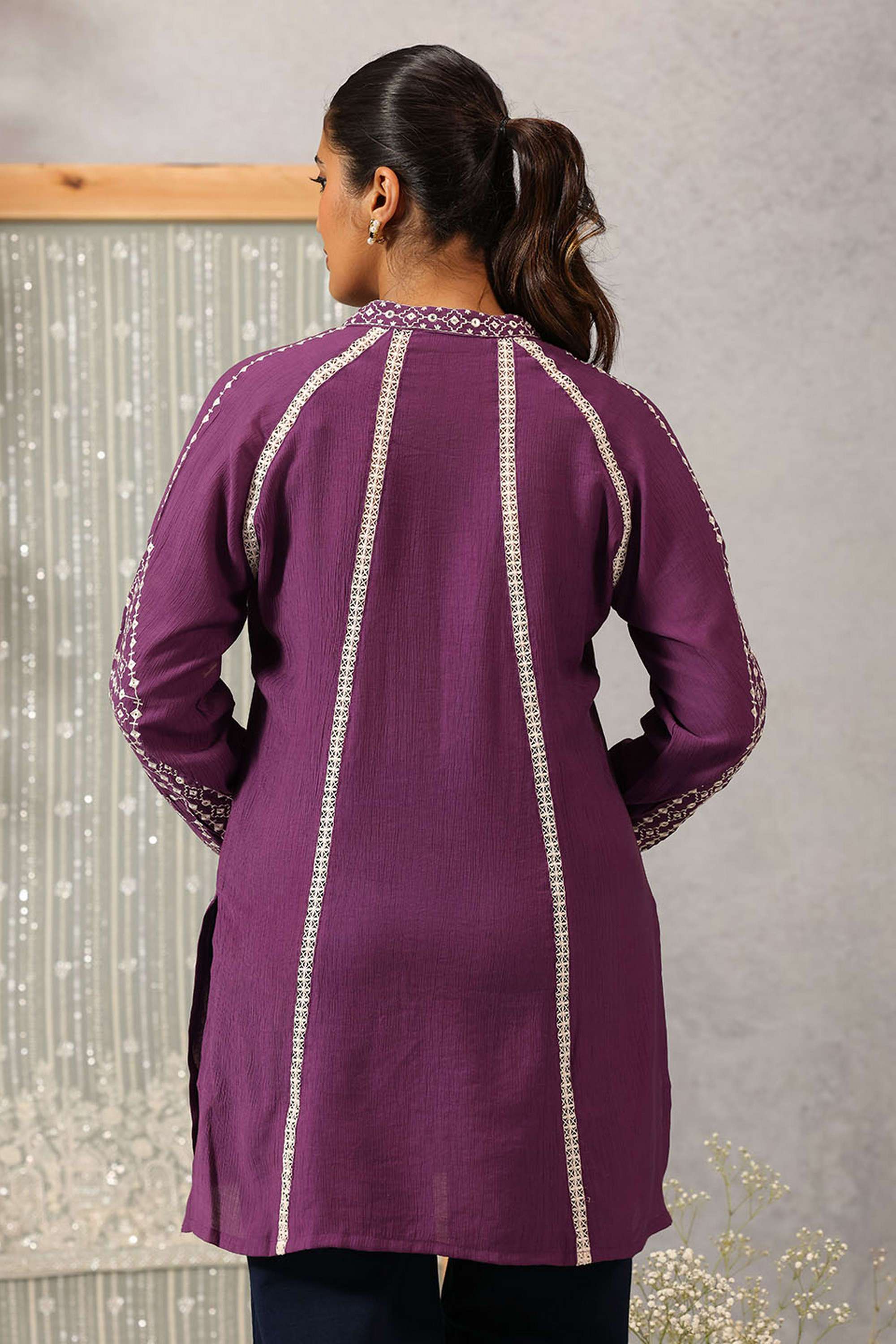 Embroidered-Cotton-Viscose-Crinkle-Mandarin-collar-Women-s-Evening-Tunic