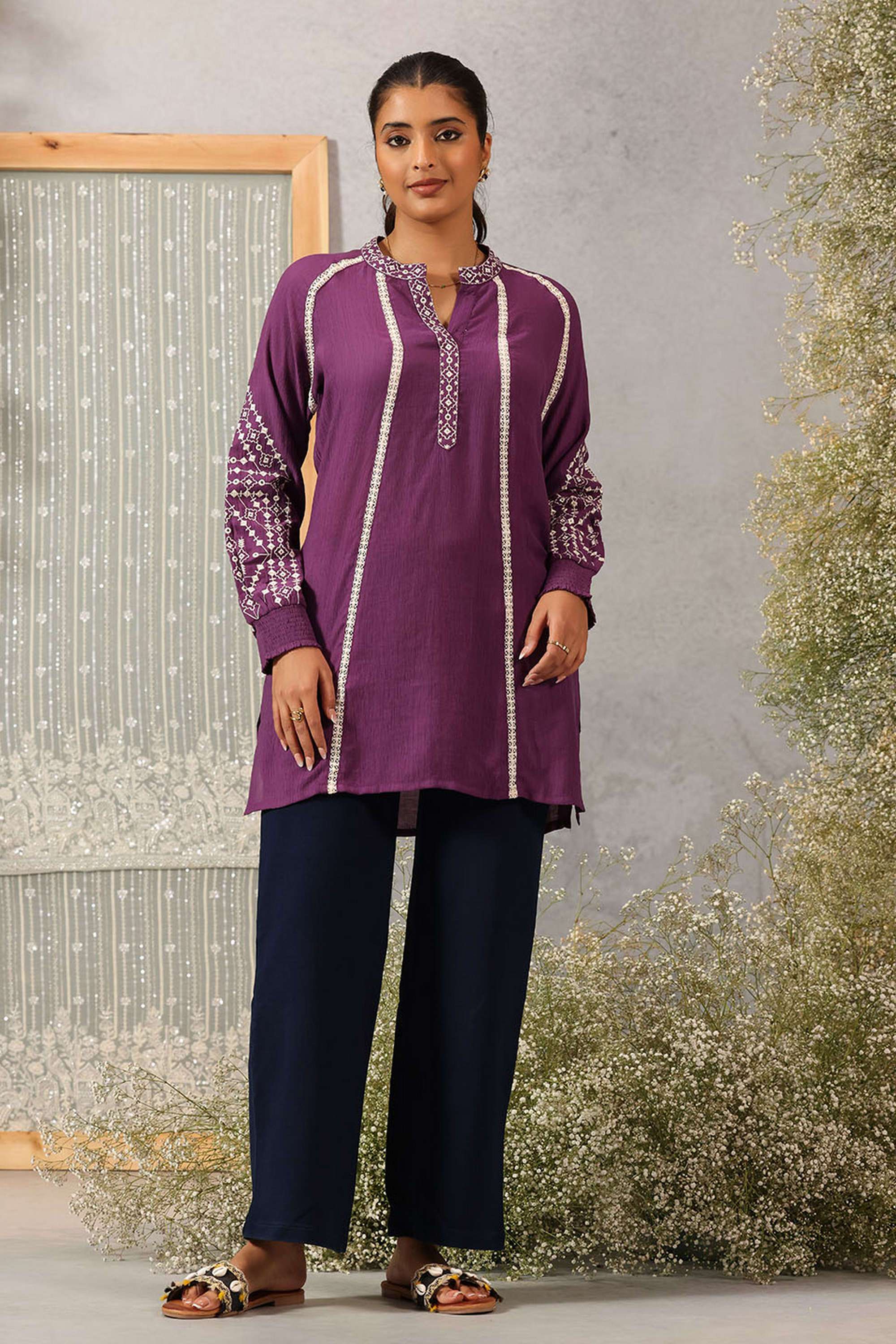 Buy Lakshita Purple Embroidered Collared Women Fusion Wear Tunic