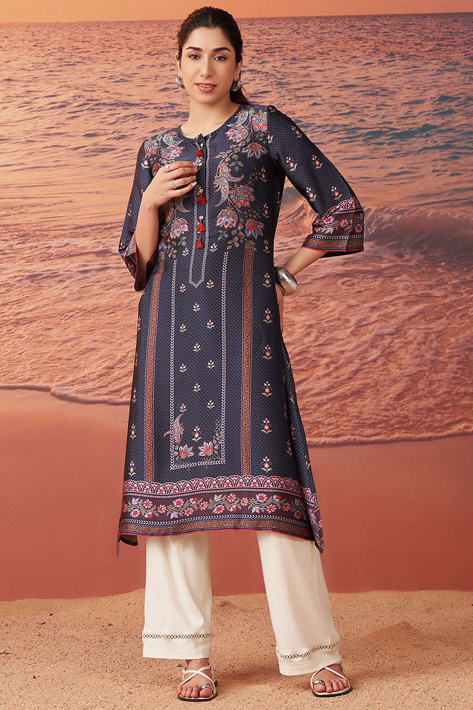 Printed-Blended-Fabric-Round-Neck-Women-s-Festive-Wear-Kurti