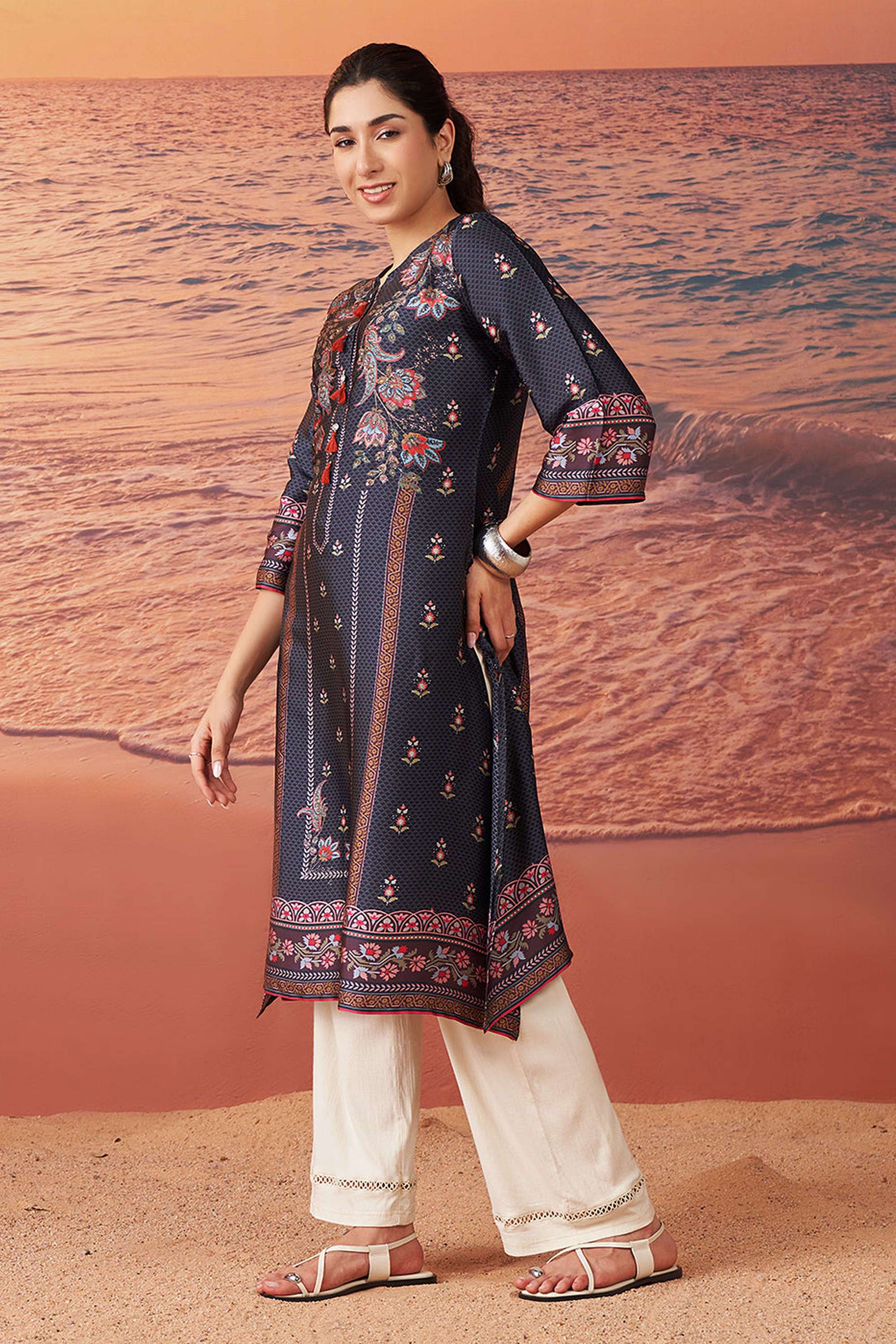 Printed-Blended-Fabric-Round-Neck-Women-s-Festive-Wear-Kurti