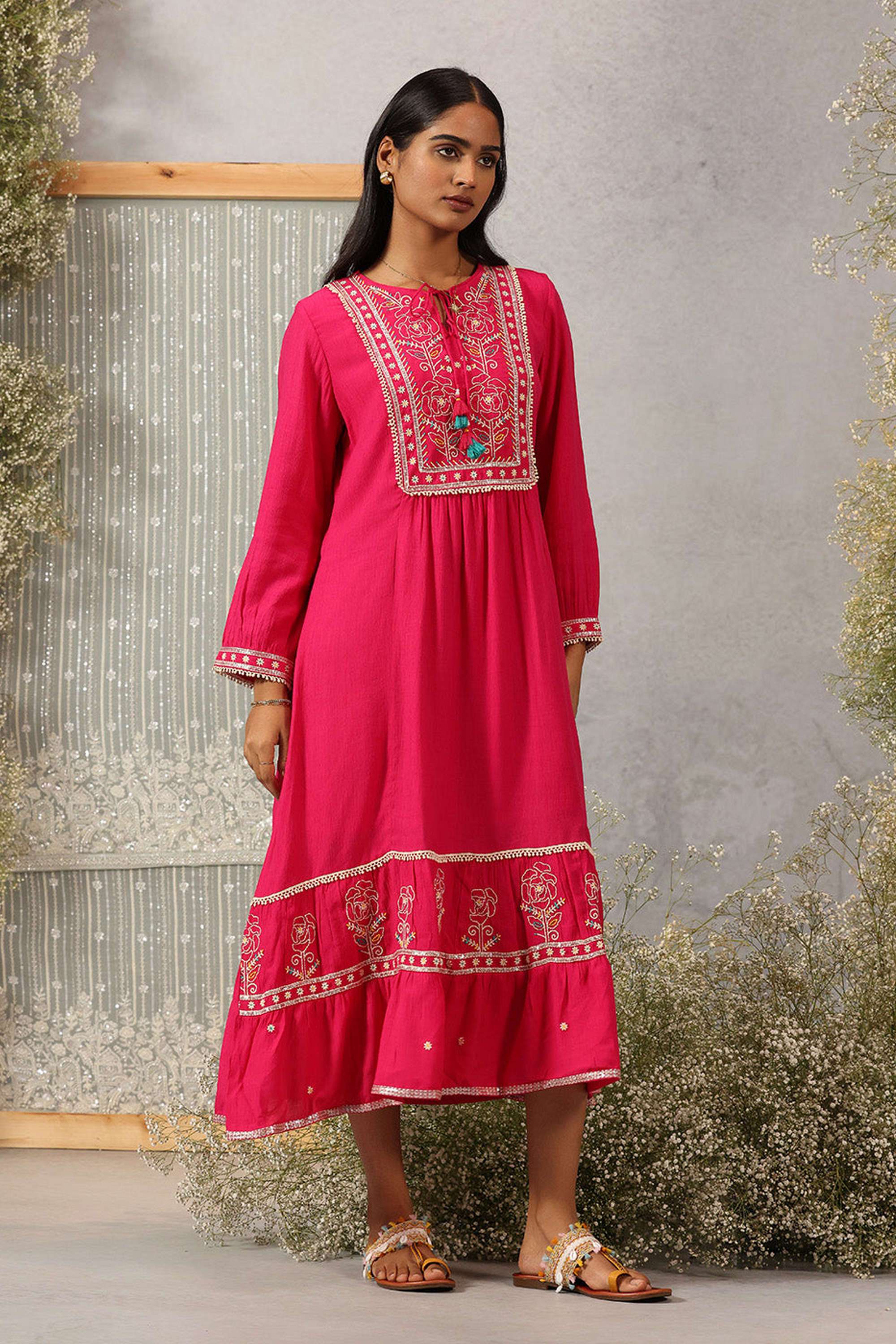 Embroidered-Crinkle-Viscose-Tie-Up-Neck-Women-s-Dress