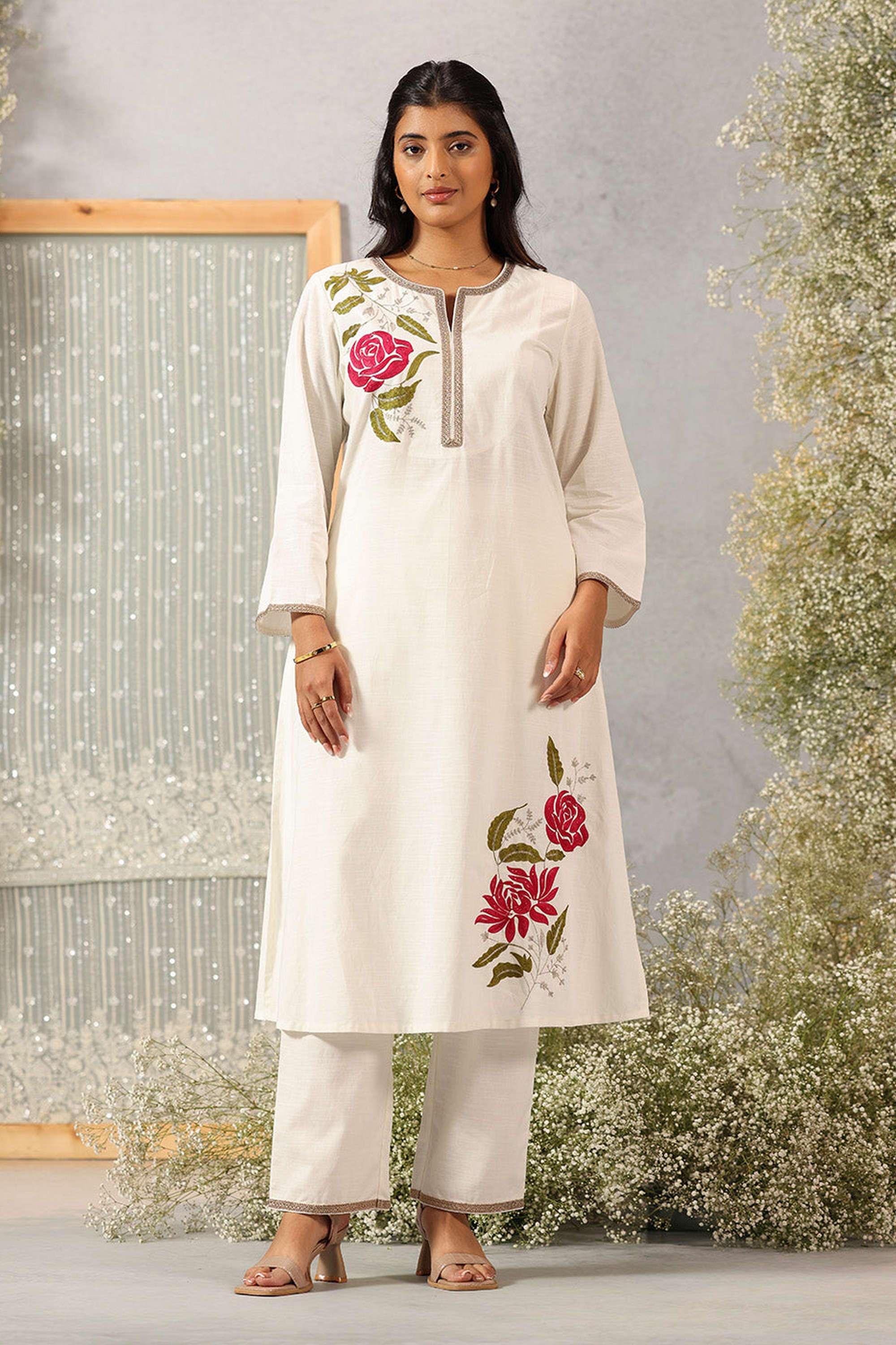 Embroidered-Cotton-Linen-Slit-Neck-Women-s-Evening-Kurta