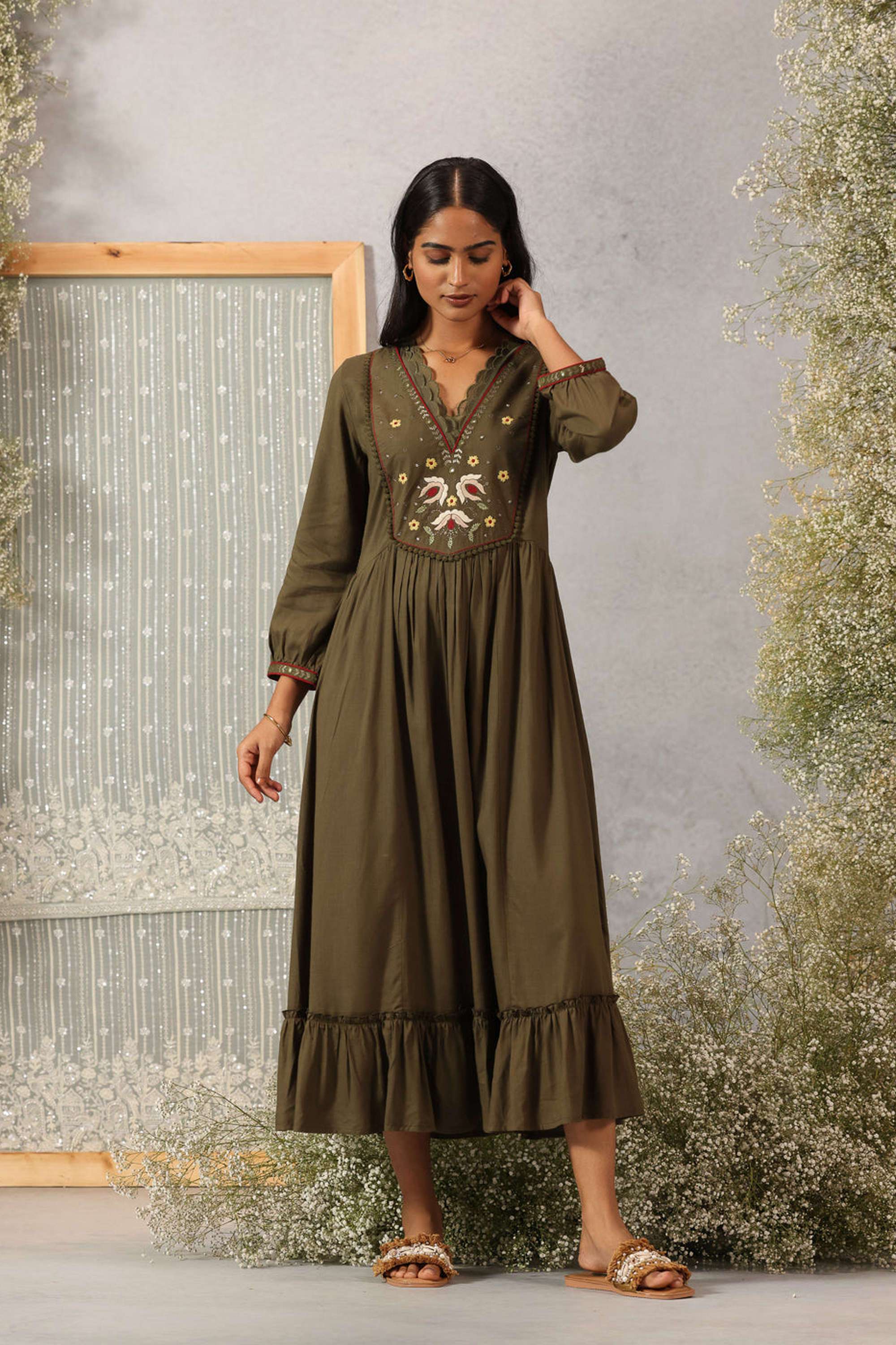 Embroidered-Blended-Fabric-V-Neck-Women-s-Dress
