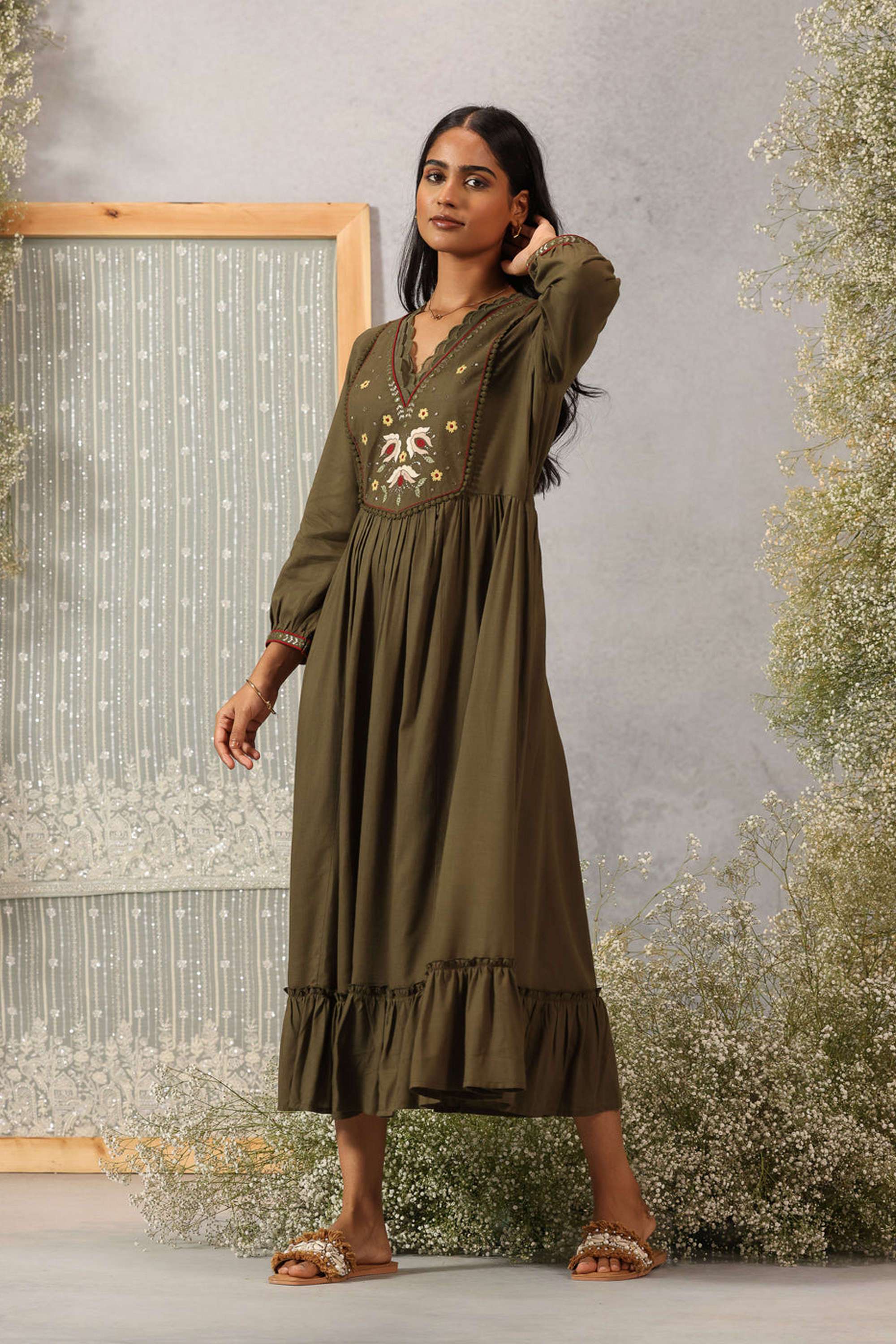 Embroidered-Blended-Fabric-V-Neck-Women-s-Dress