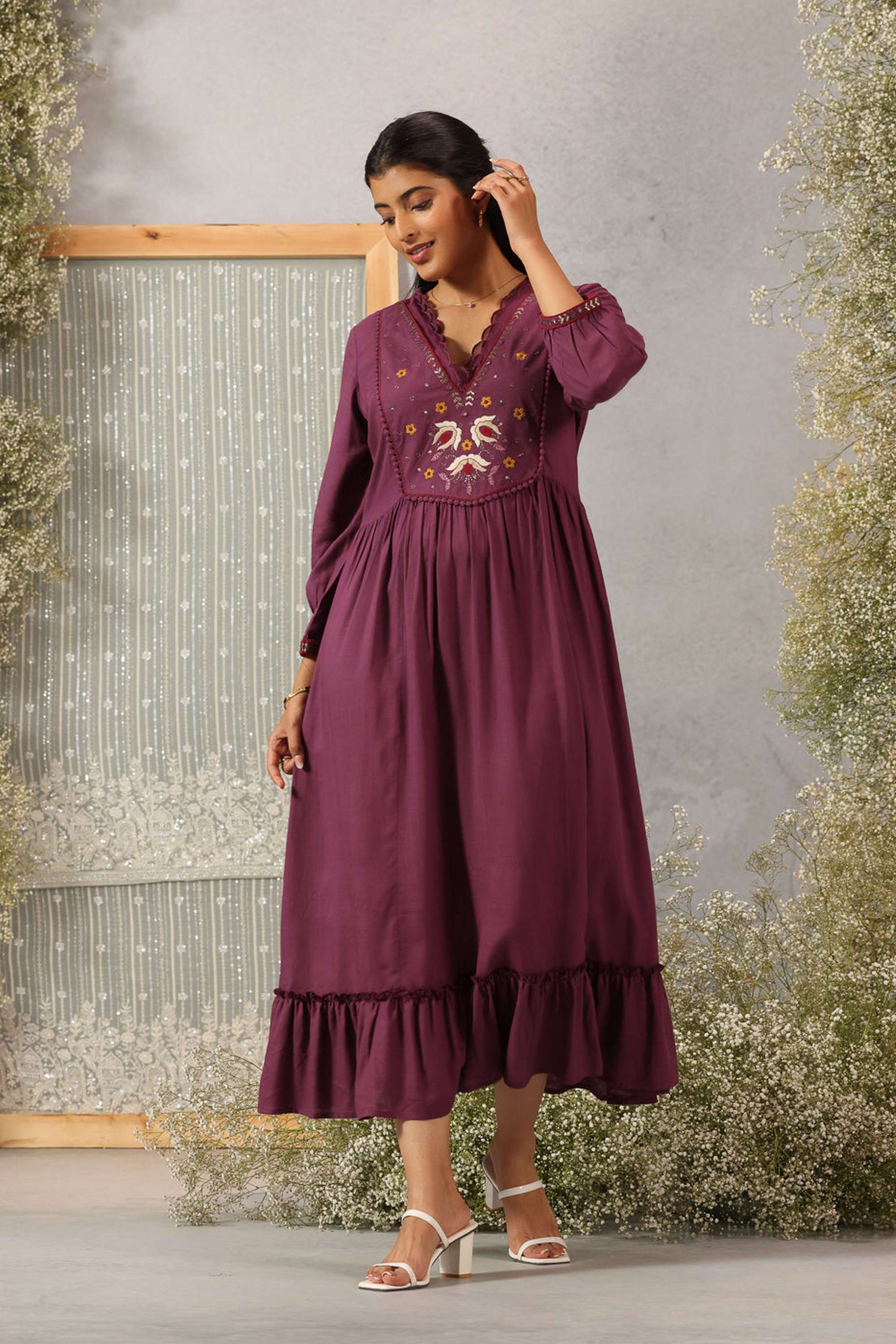 Embroidered-Blended-Fabric-V-Neck-Women-s-Dress