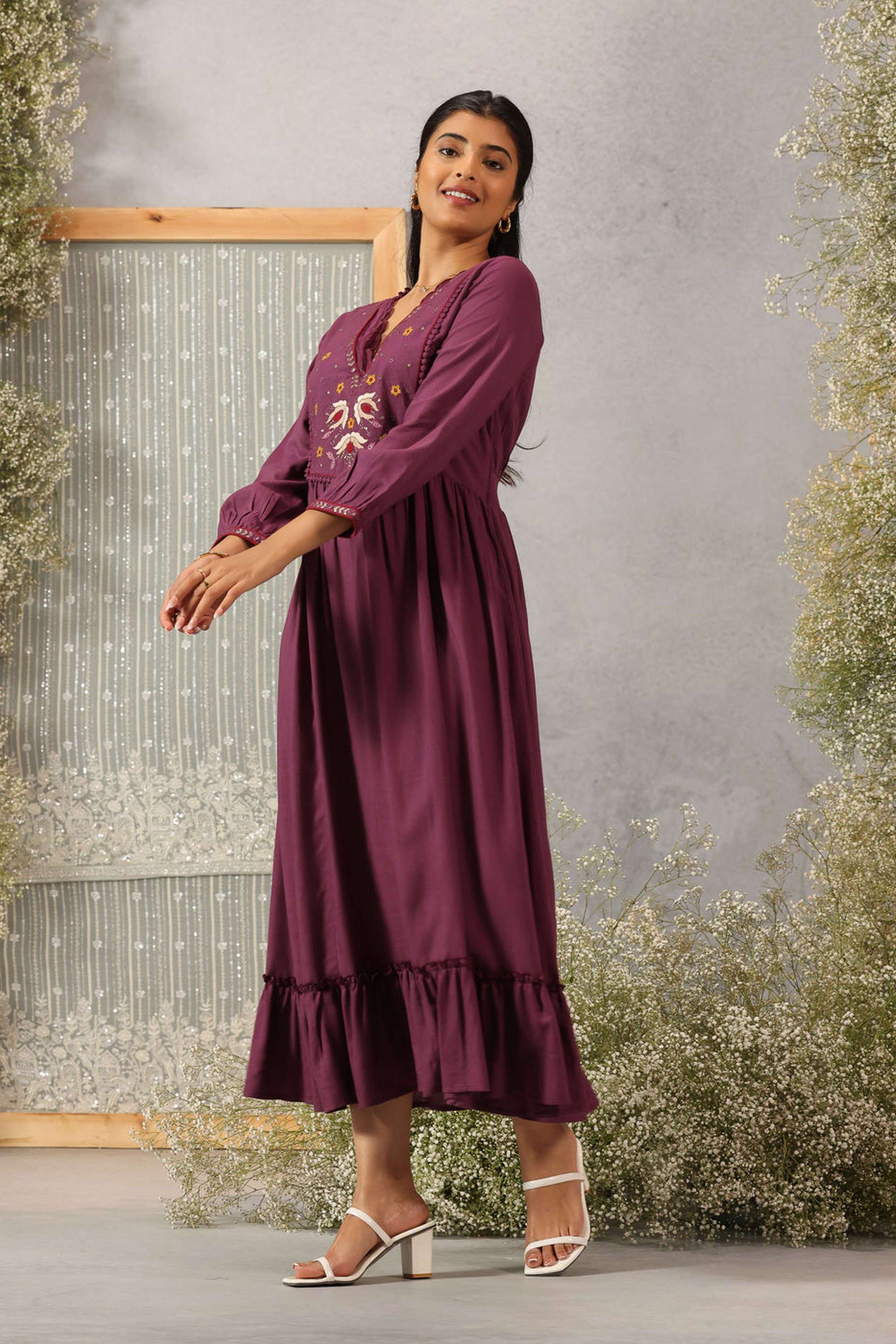 Embroidered-Blended-Fabric-V-Neck-Women-s-Dress