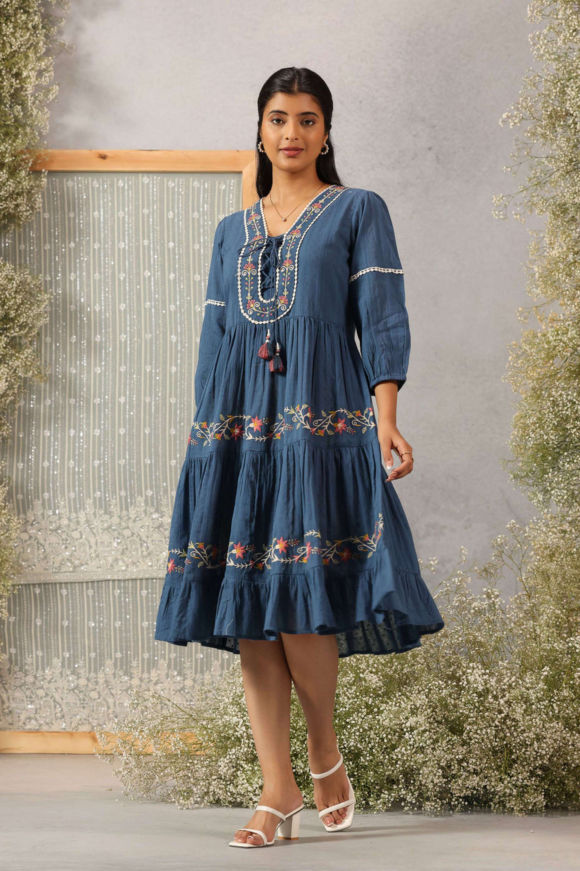Embroidered-Cotton-Dobby-Tie-Up-Neck-Women-s-Dress