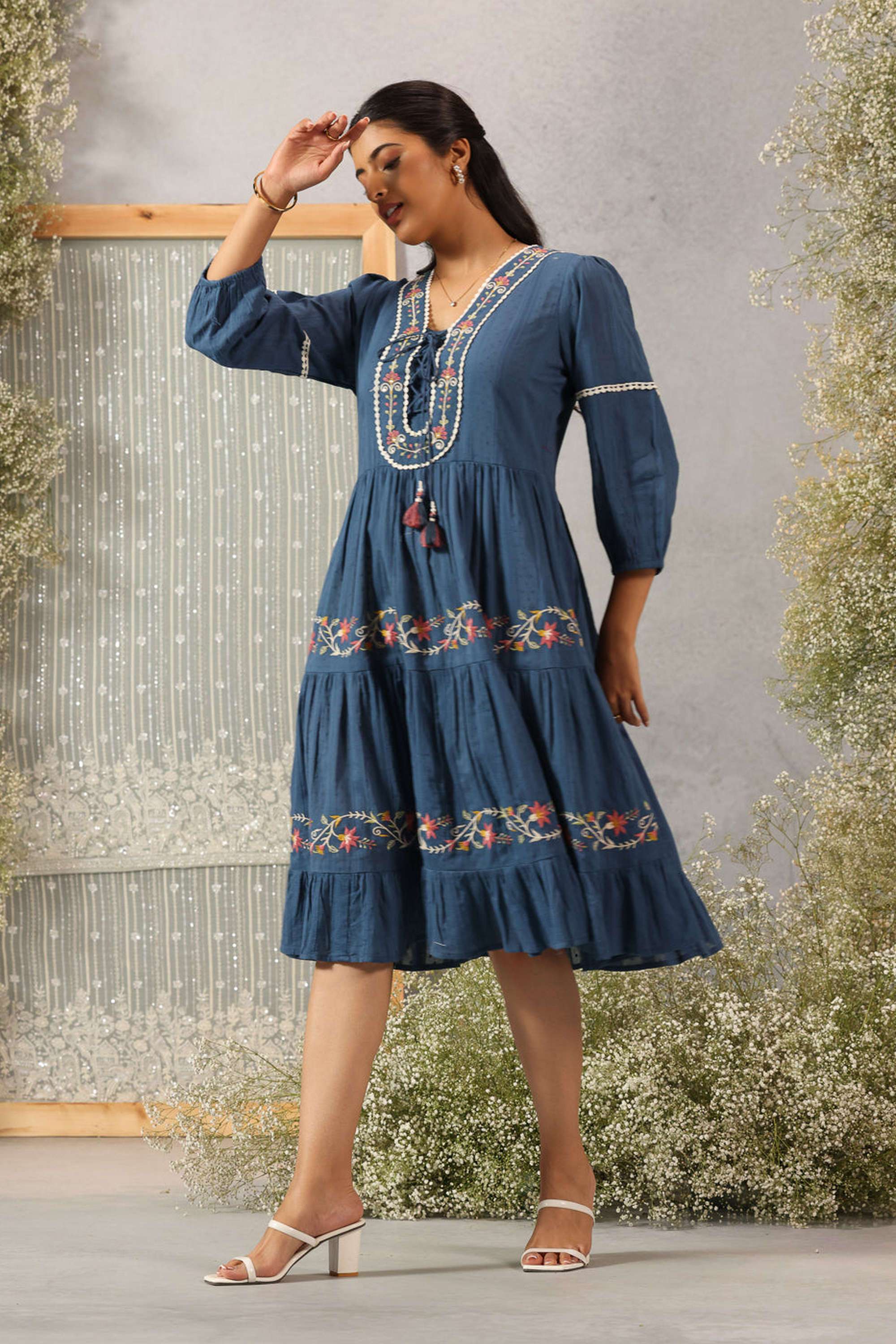 Embroidered-Cotton-Dobby-Tie-Up-Neck-Women-s-Dress