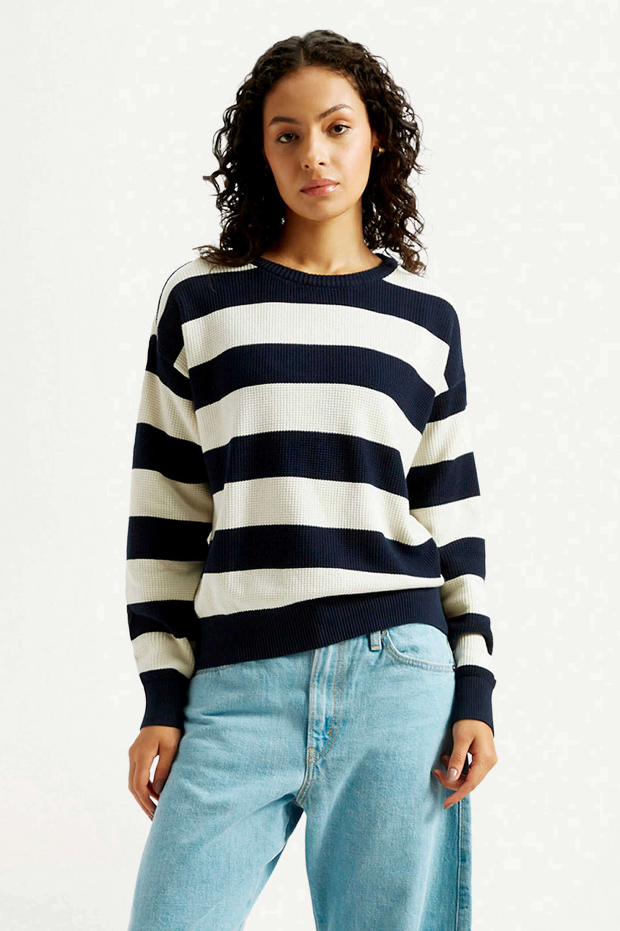 Stripes-Round-Neck-Cotton-Women-Sweater
