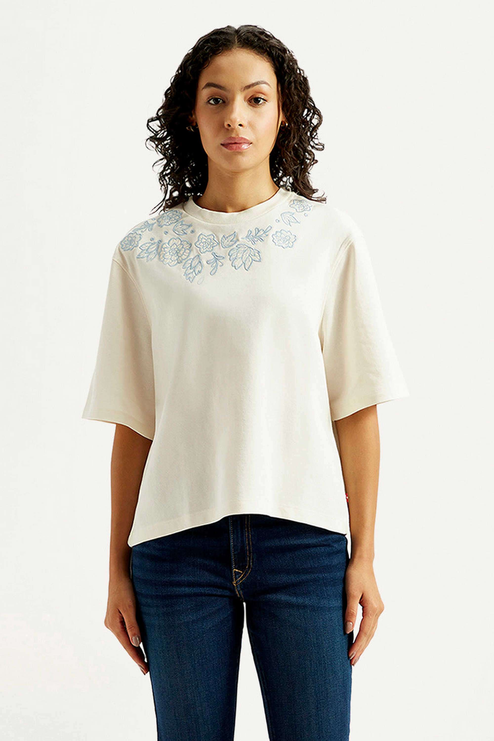 Embroidered-Blended-Fabric-Round-Neck-Women-s-T-Shirt