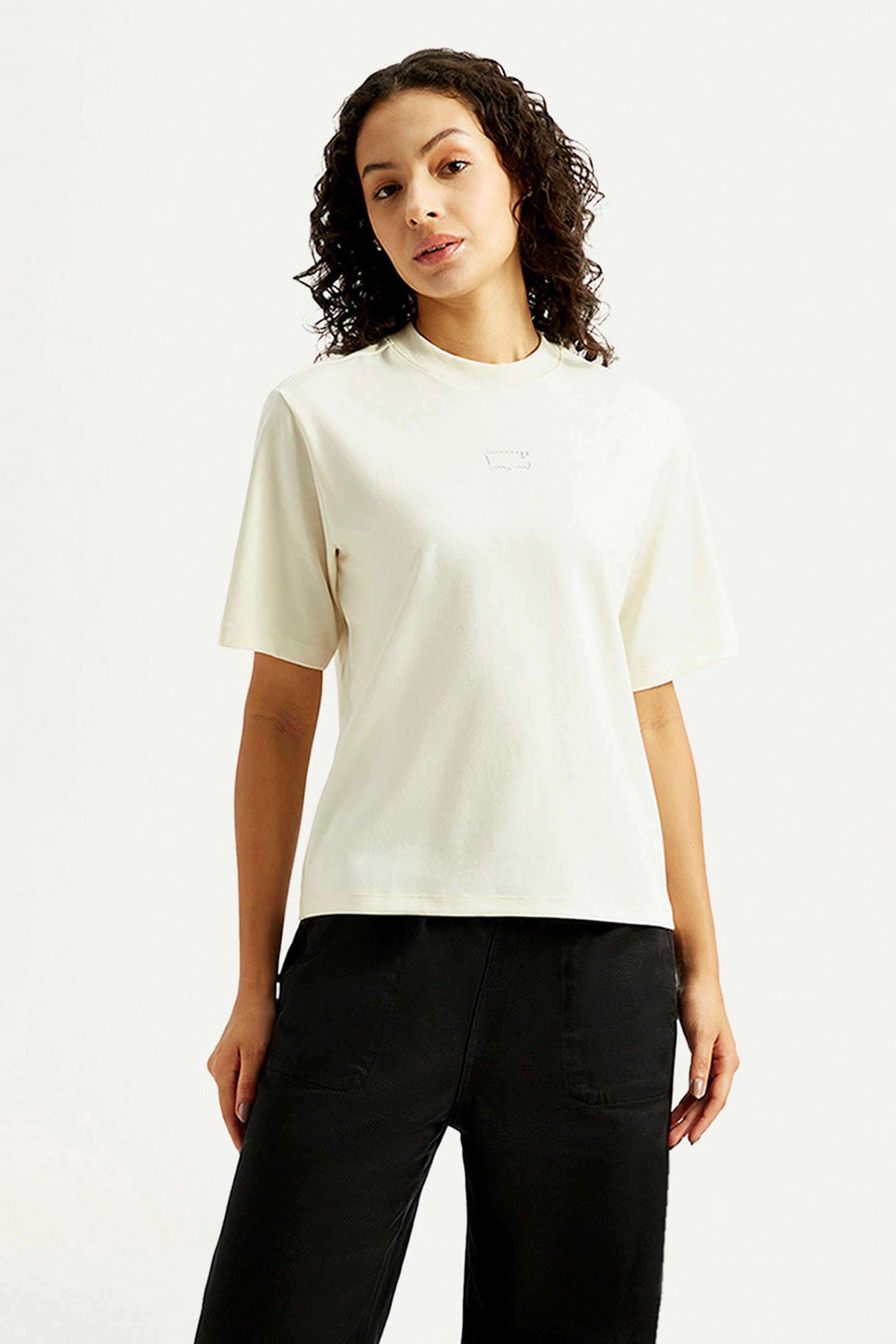 Solid-Blended-Fabric-Round-Neck-Women-s-T-Shirt