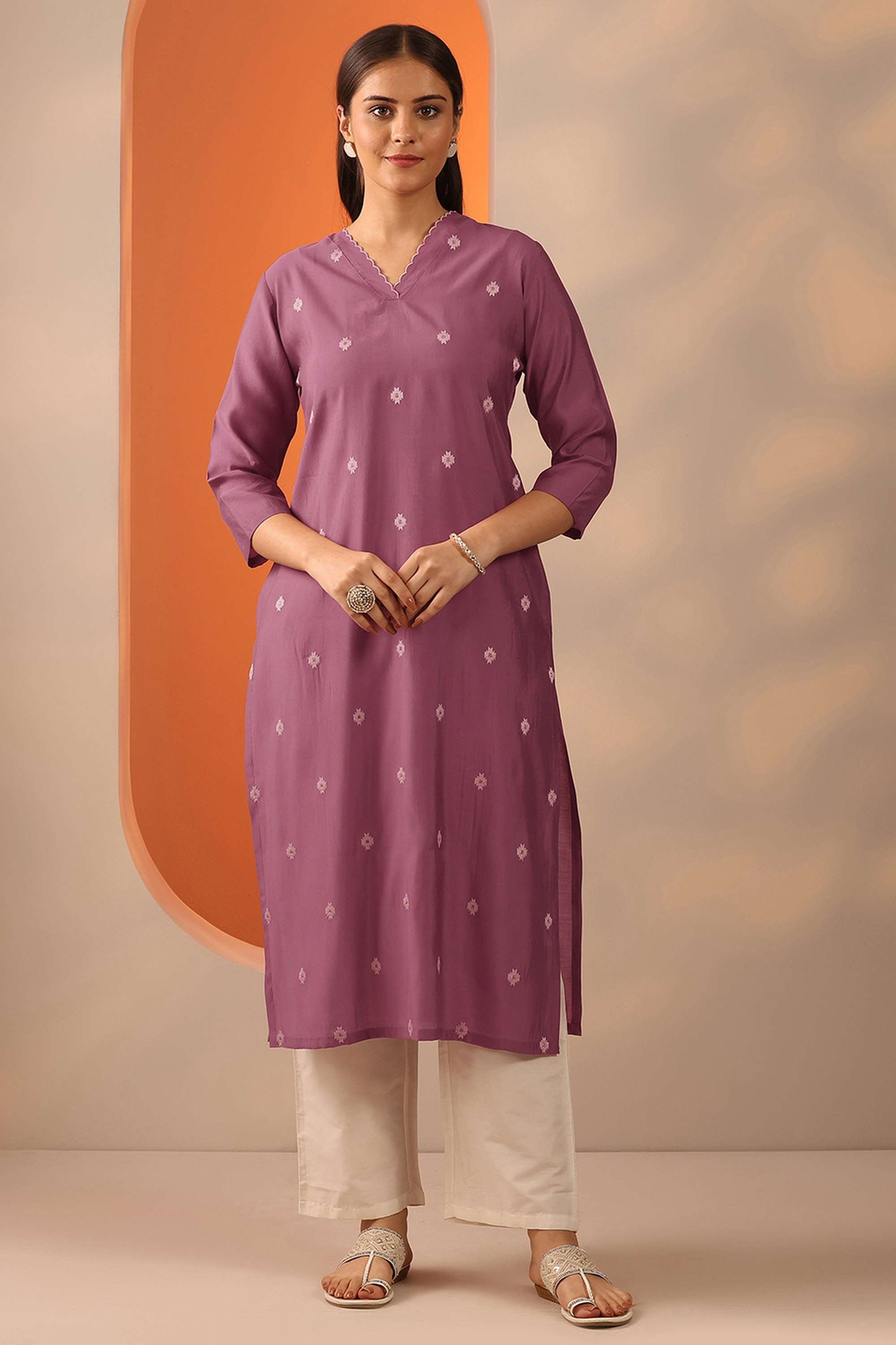 Floral-Silk-V-Neck-Women-Casual-wear-Kurta