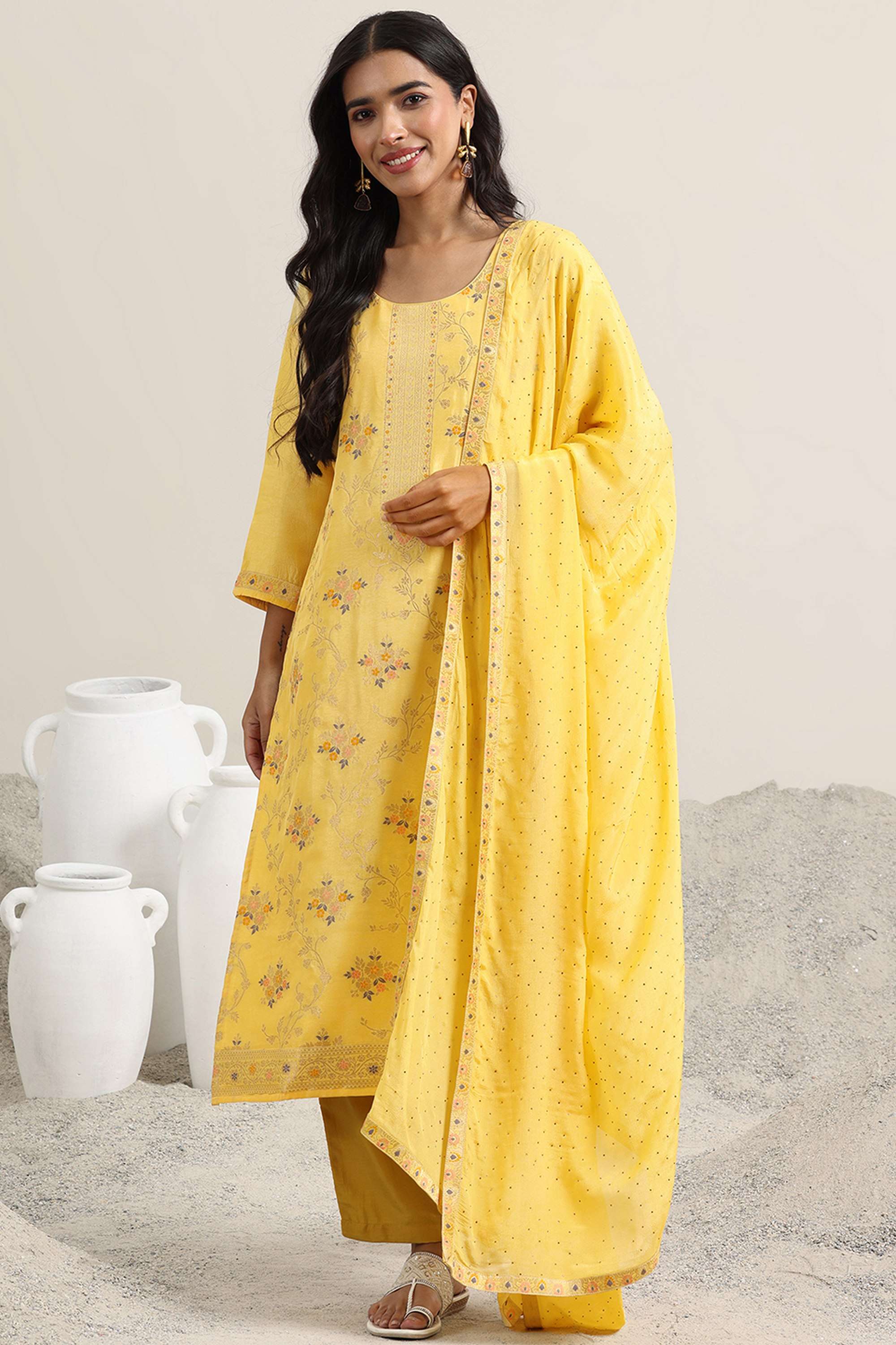 Traditional-V-Neck-Silk-Women-Kurta-Set