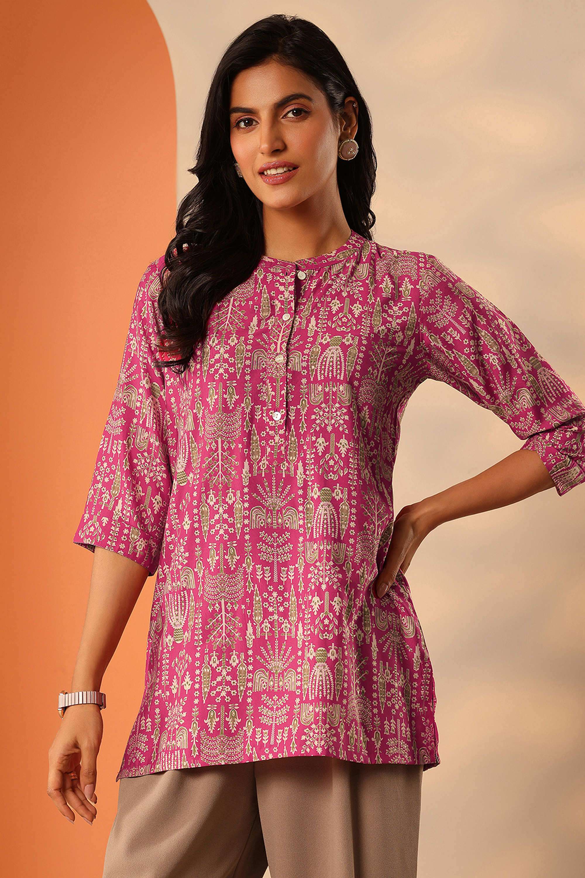 Printed-Silk-blend-Collared-Women-s-Casual-Wear-Kurti