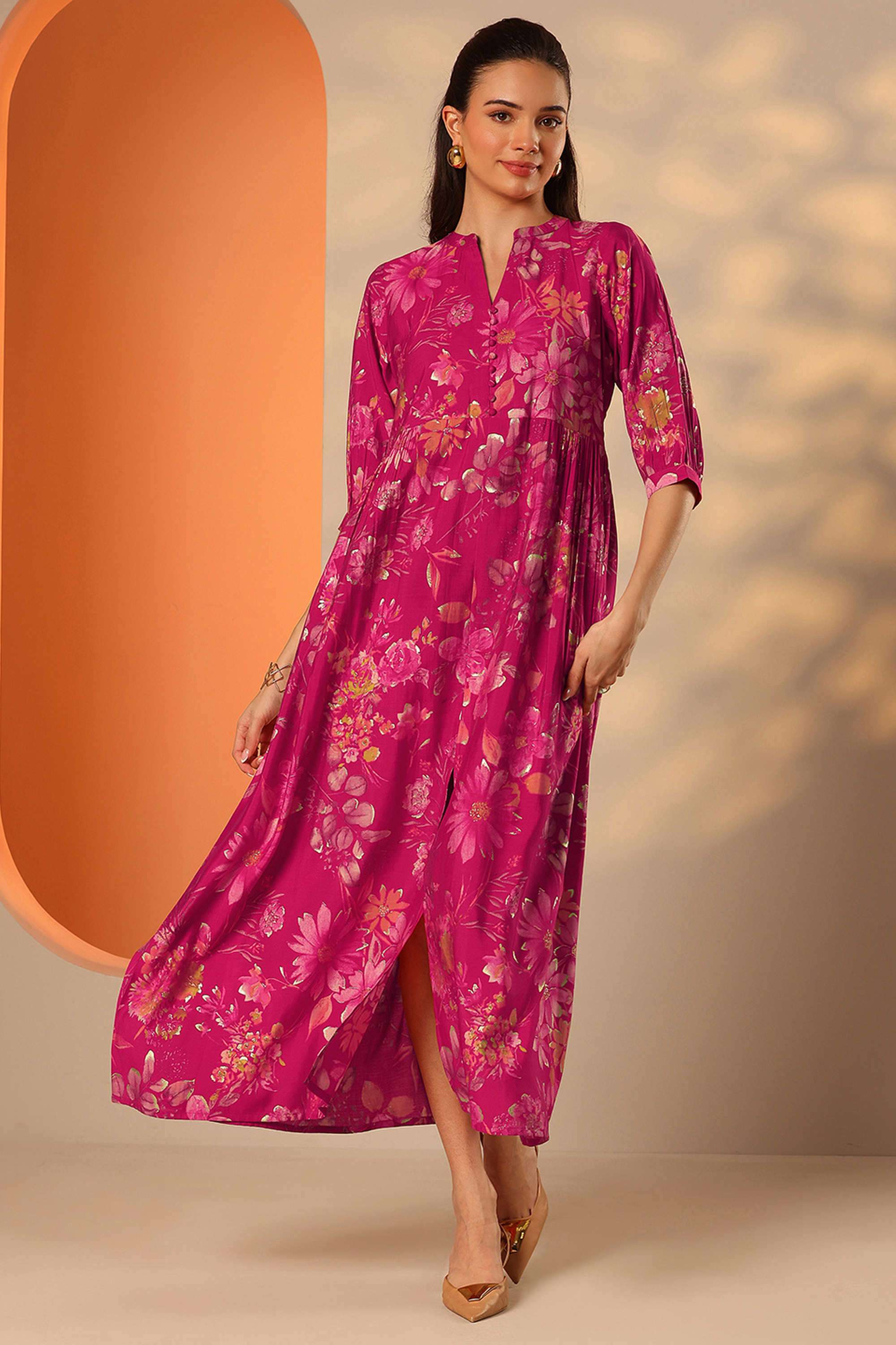 Floral-Blended-Fabric-Collared-Women-s-Dress