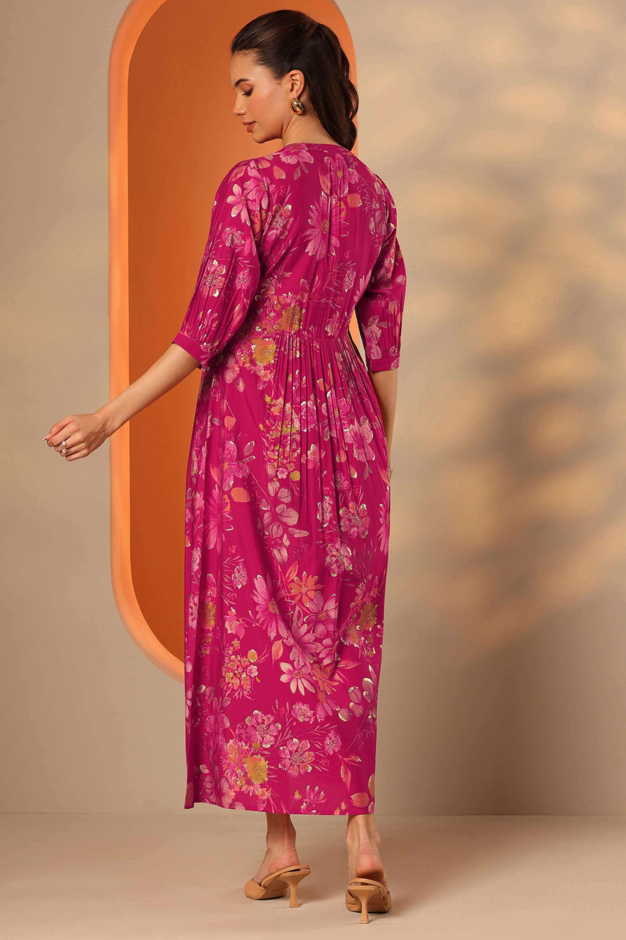 Floral-Blended-Fabric-Collared-Women-s-Dress