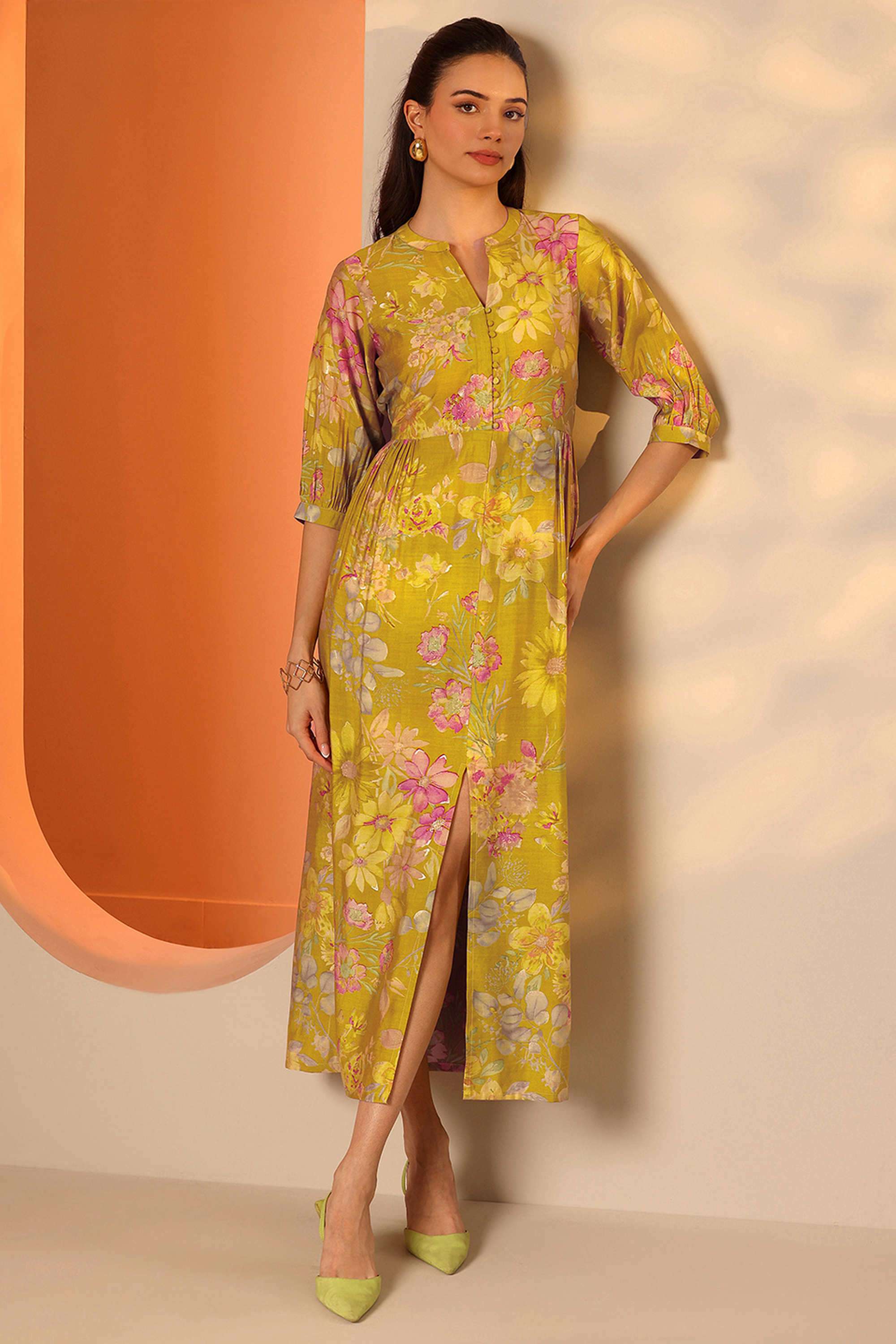 Floral-Blended-Fabric-Collared-Women-s-Dress