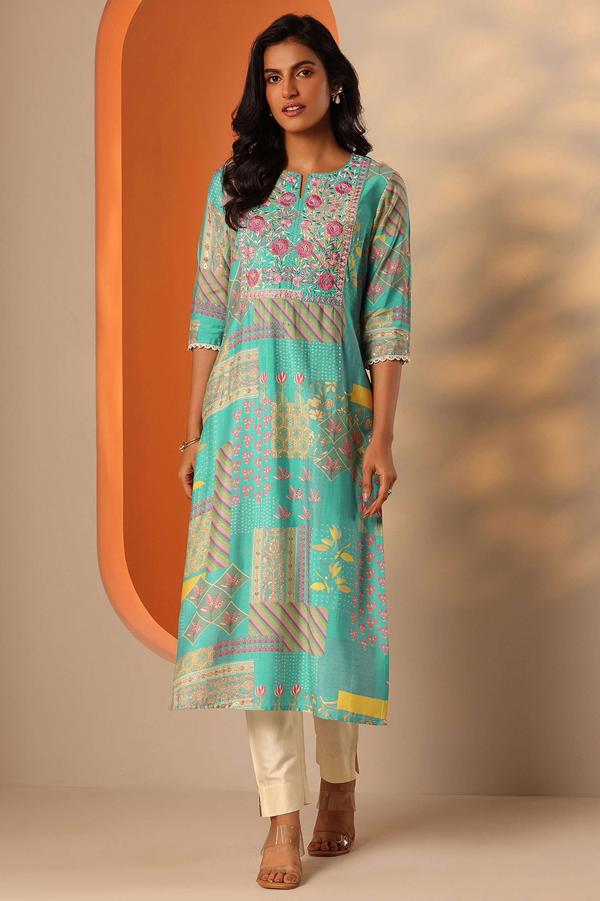 Floral-Silk-Regular-Fit-Round-Neck-Women-s-Festive-wear-Kurta