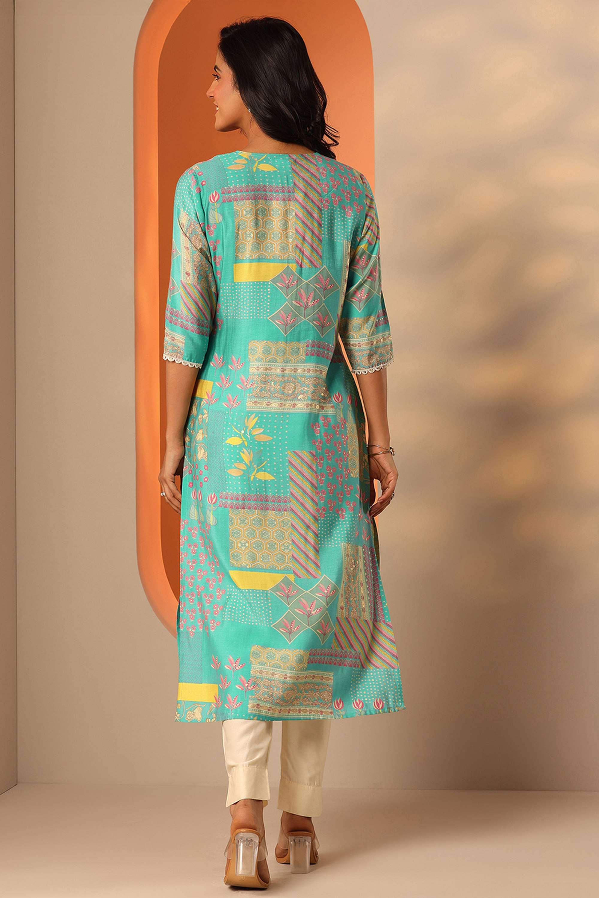 Floral-Silk-Regular-Fit-Round-Neck-Women-s-Festive-wear-Kurta