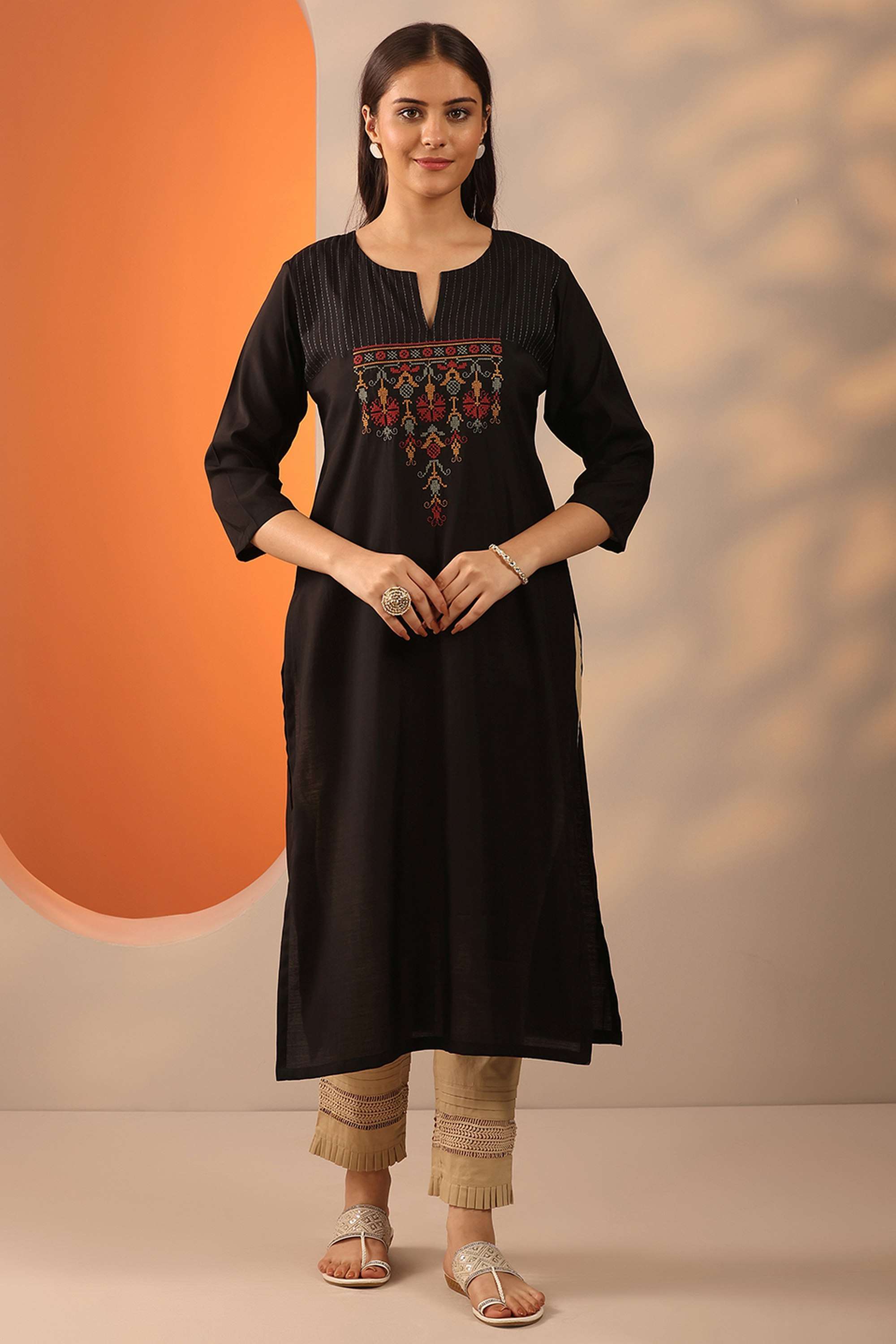 Embroidered-Silk-Regular-Fit-V-Neck-Women-s-Festive-wear-Kurta