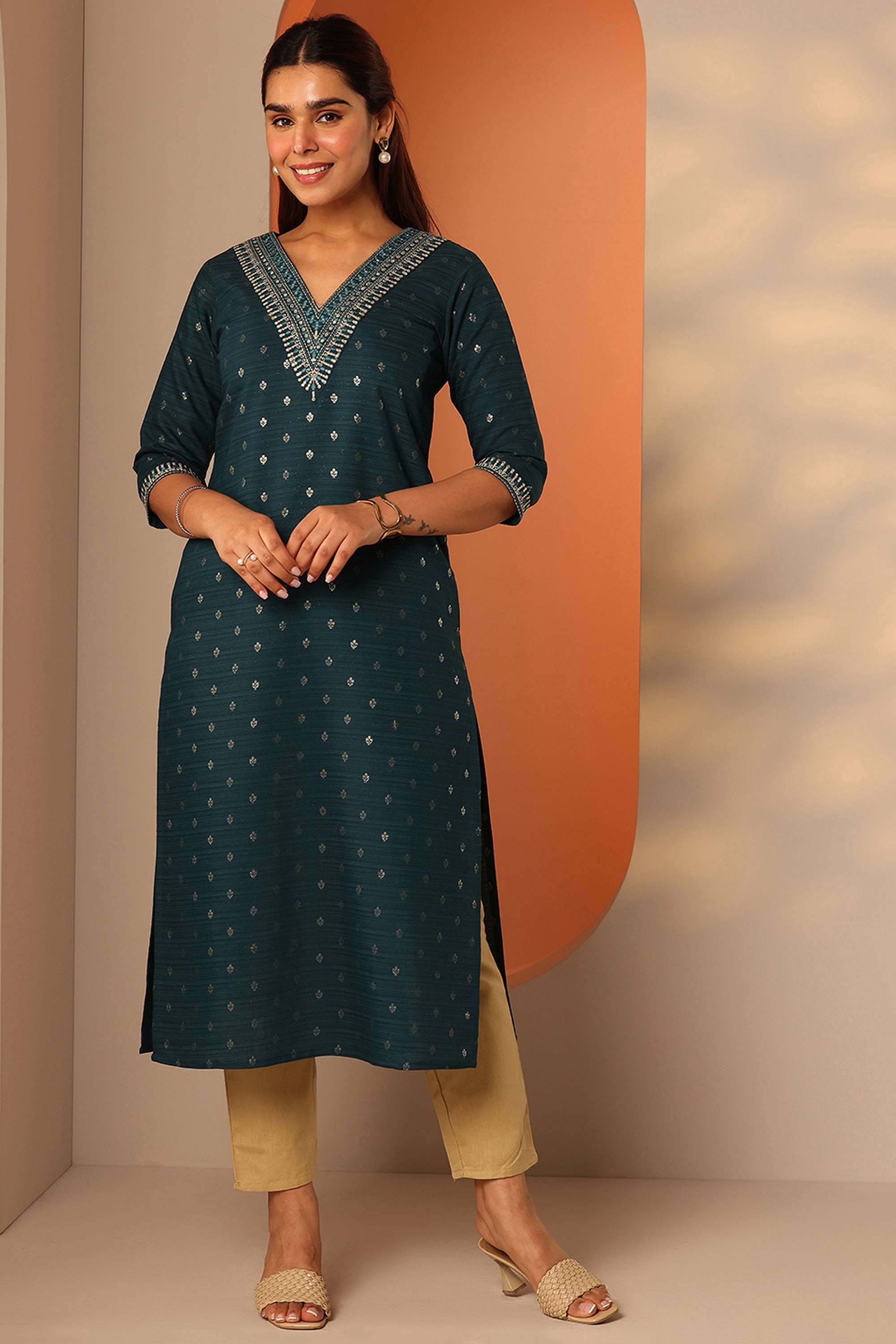 Embroidered-Silk-Regular-Fit-Round-Neck-Women-s-Festive-wear-Kurta