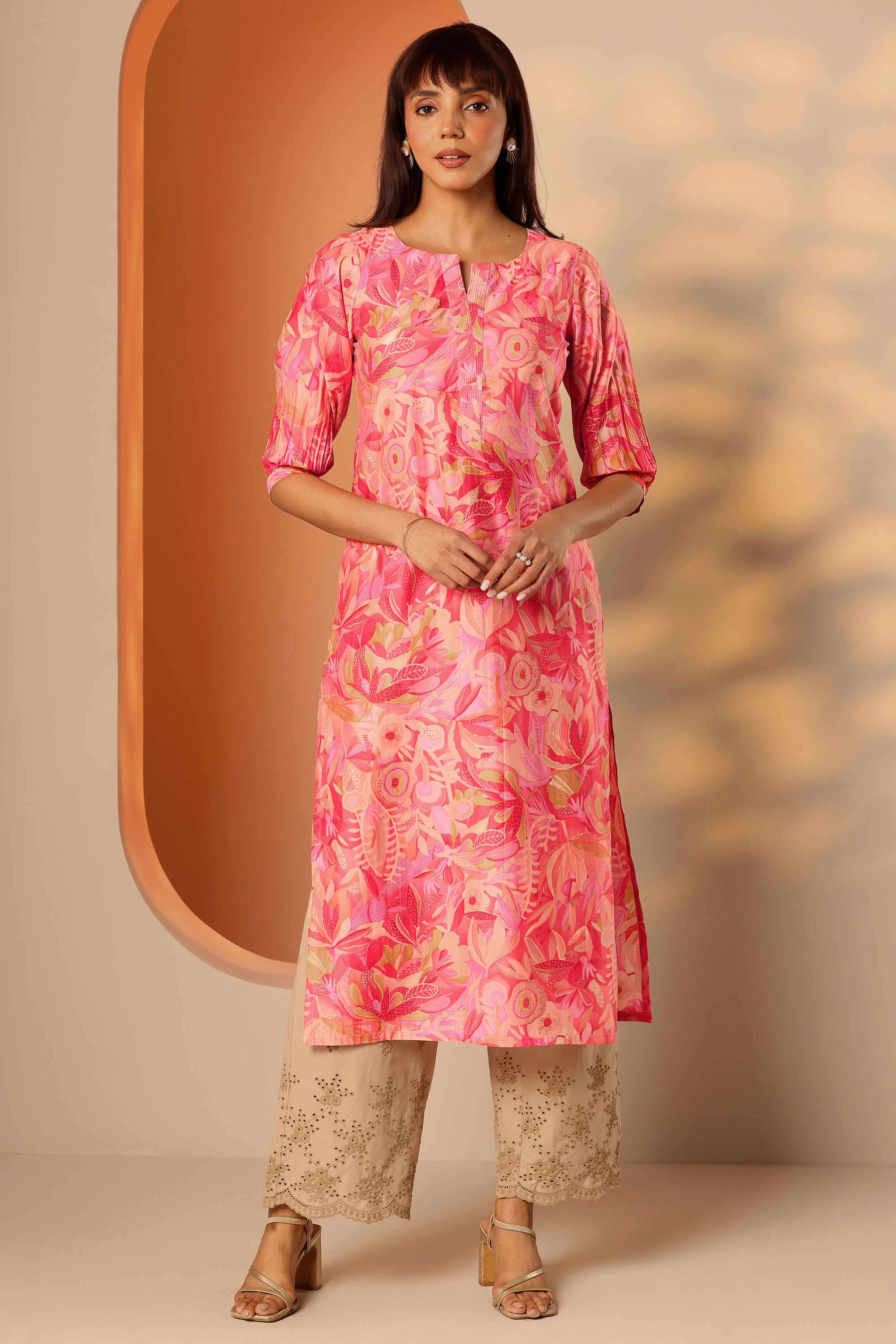 Printed-Blended-Fabric-Round-Neck-Women-s-Festive-Wear-Kurta