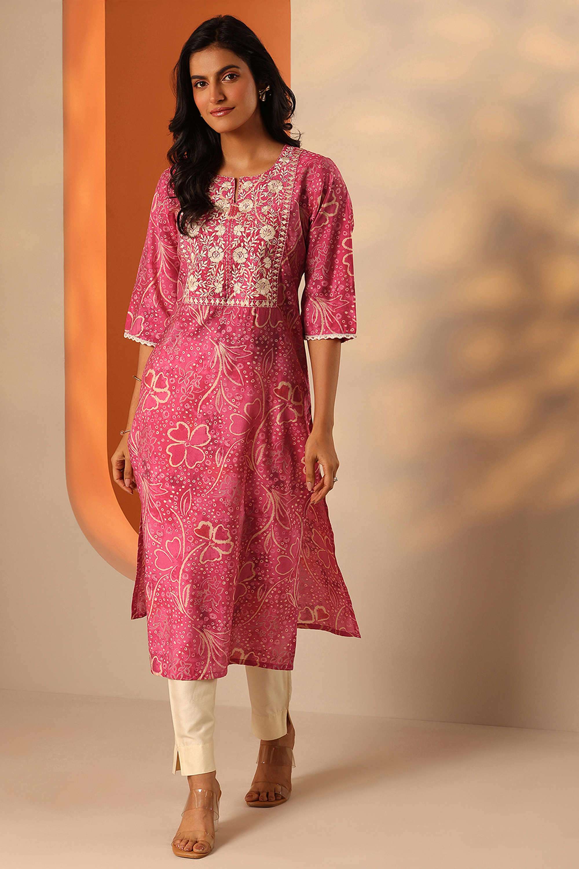 Floral-Blended-Fabric-Round-Neck-Women-s-Kurta