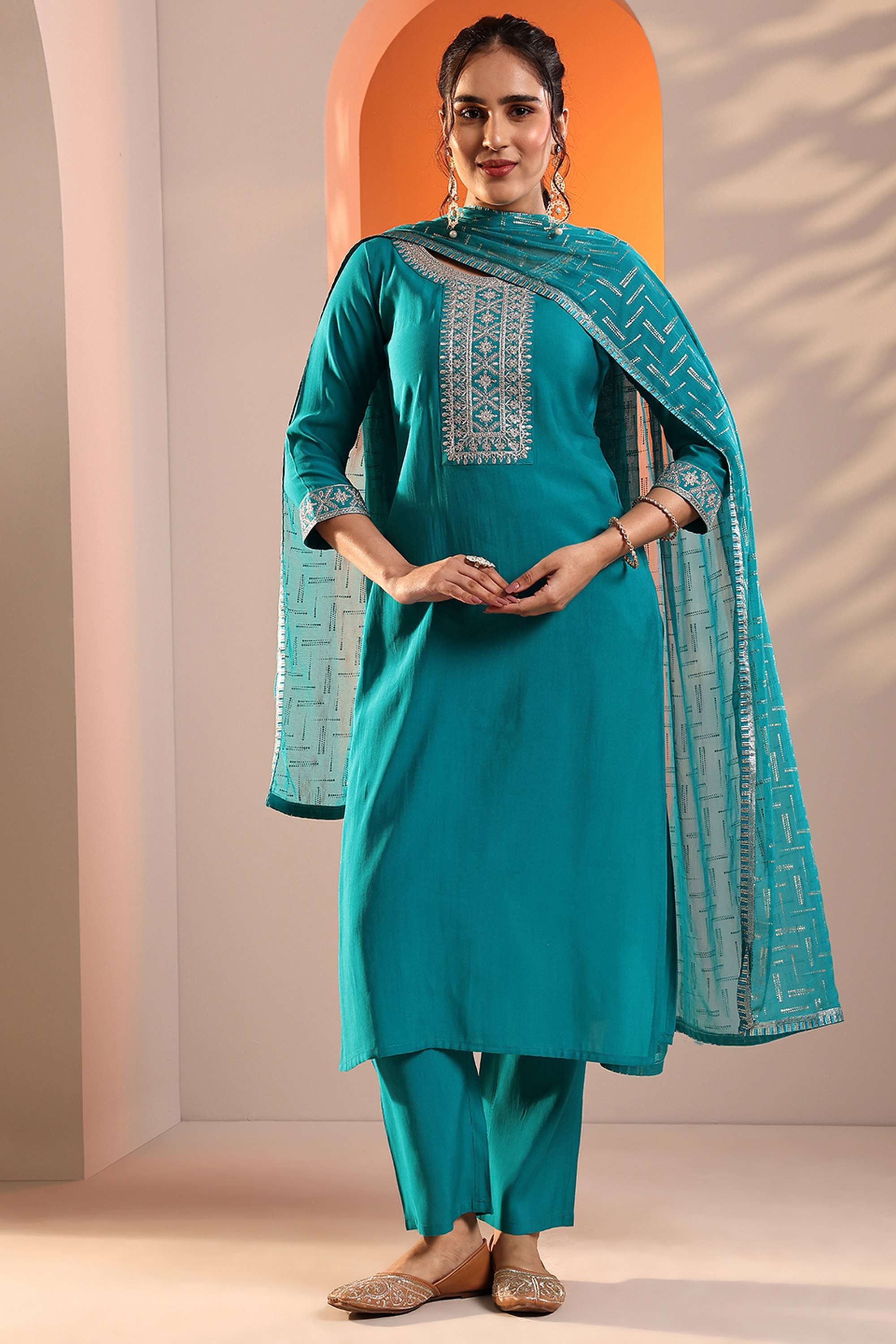 Traditional-Round-Neck-Silk-Women-Kurta-Set