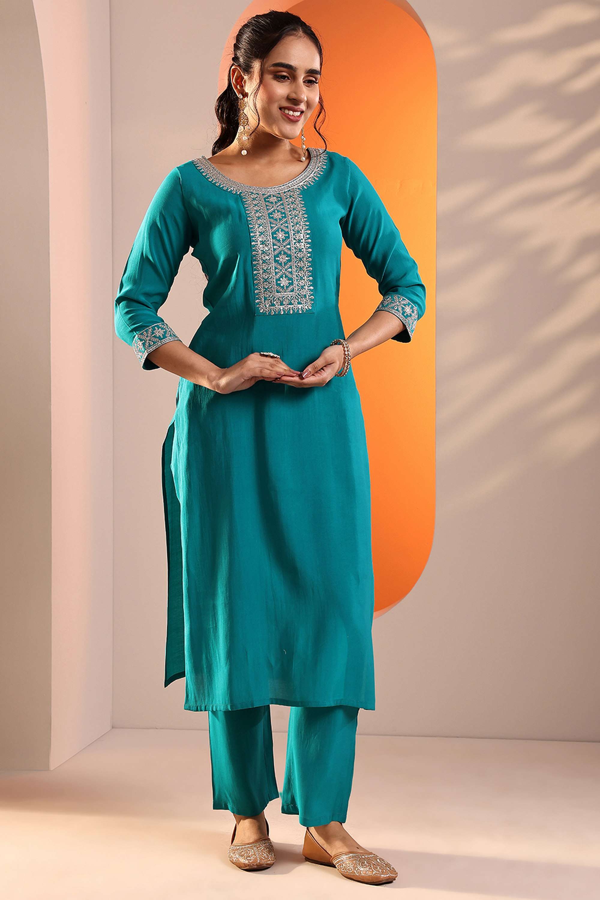 Traditional-Round-Neck-Silk-Women-Kurta-Set