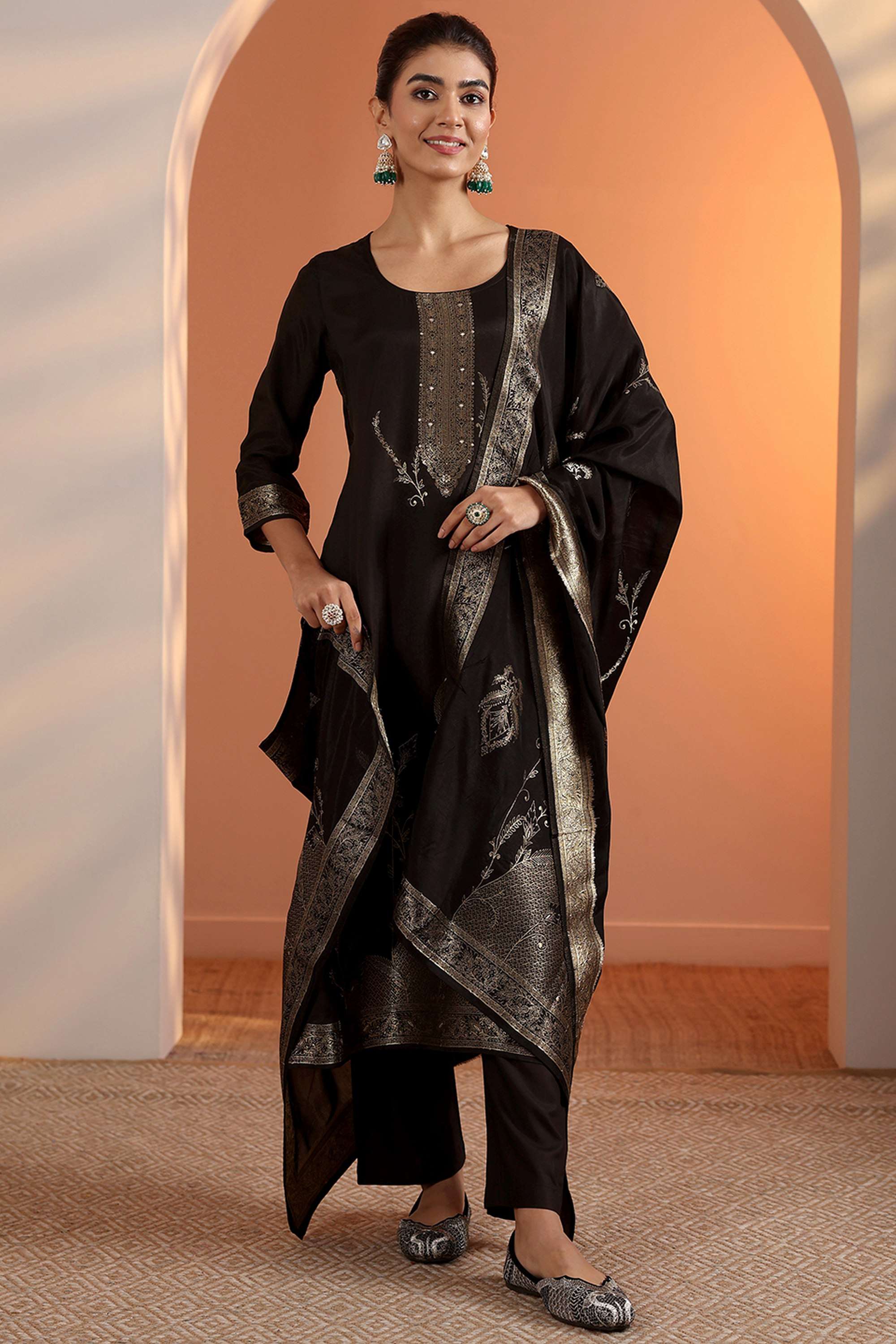 Floral-Round-Neck-Silk-Women-Kurta-Set