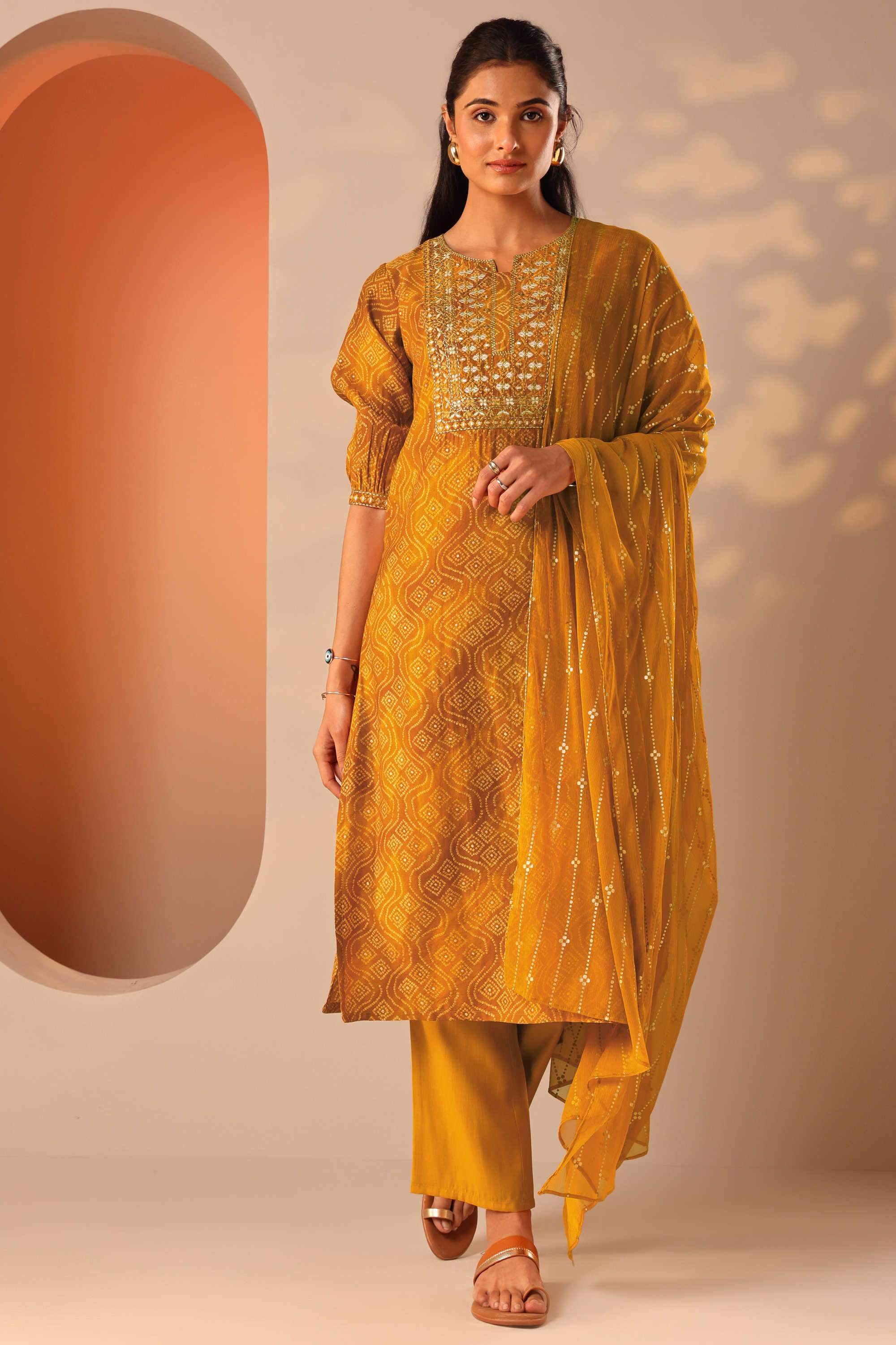 Bandhani-Blended-Fabric-Straight-Fit-Women-s-Kurta-Set