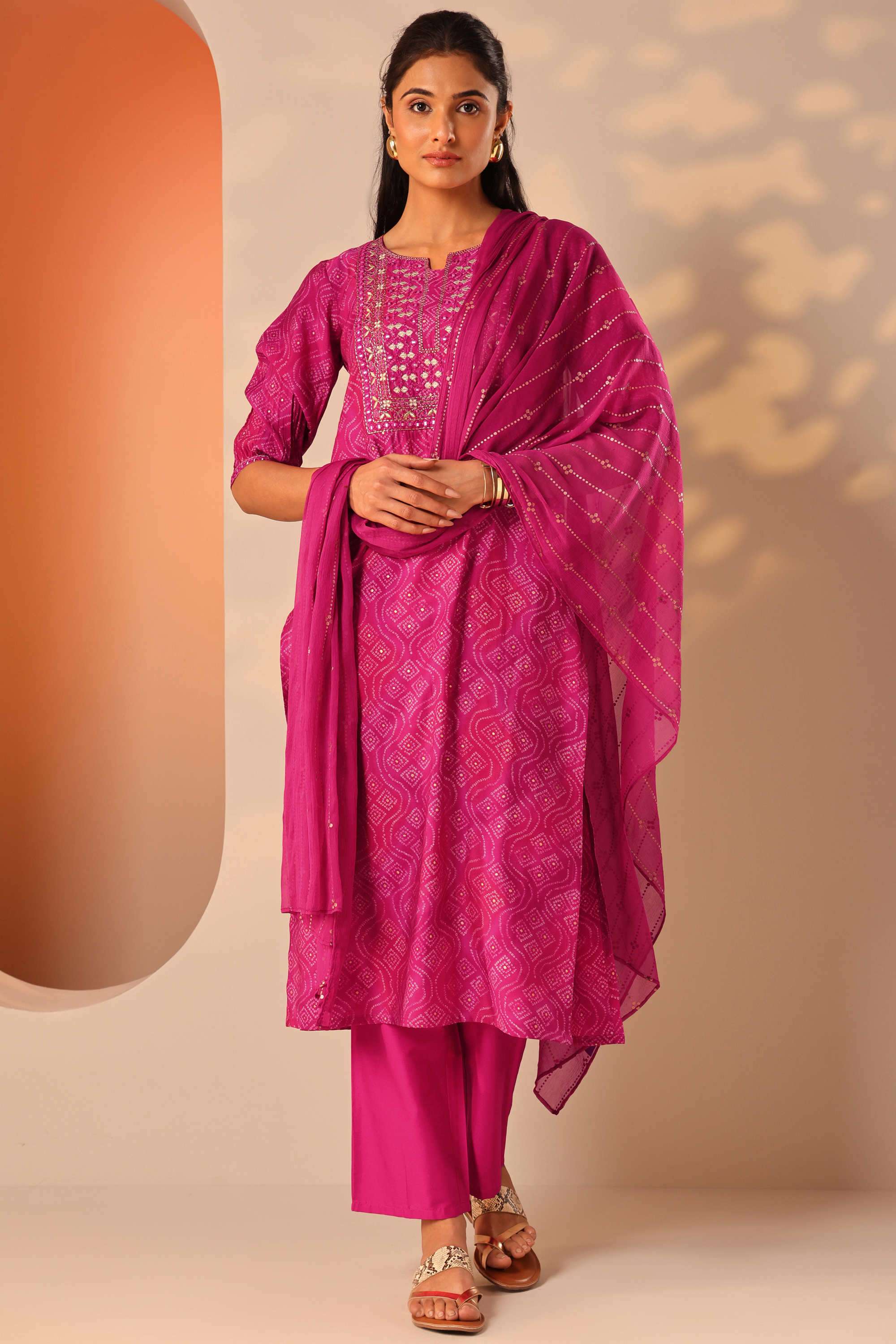 Bandhani-Blended-Fabric-Straight-Fit-Women-s-Kurta-Set