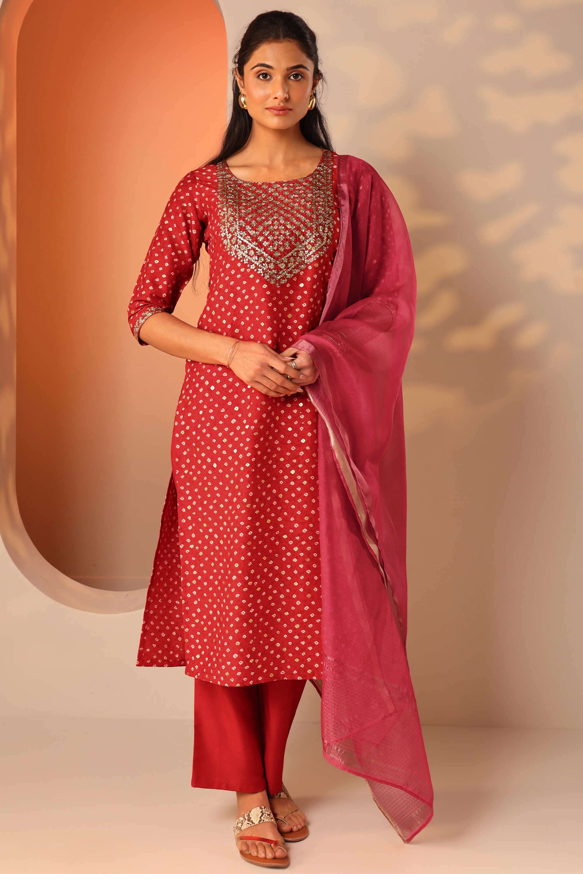 Bandhani-Blended-Fabric-Straight-Fit-Women-s-Kurta-Set