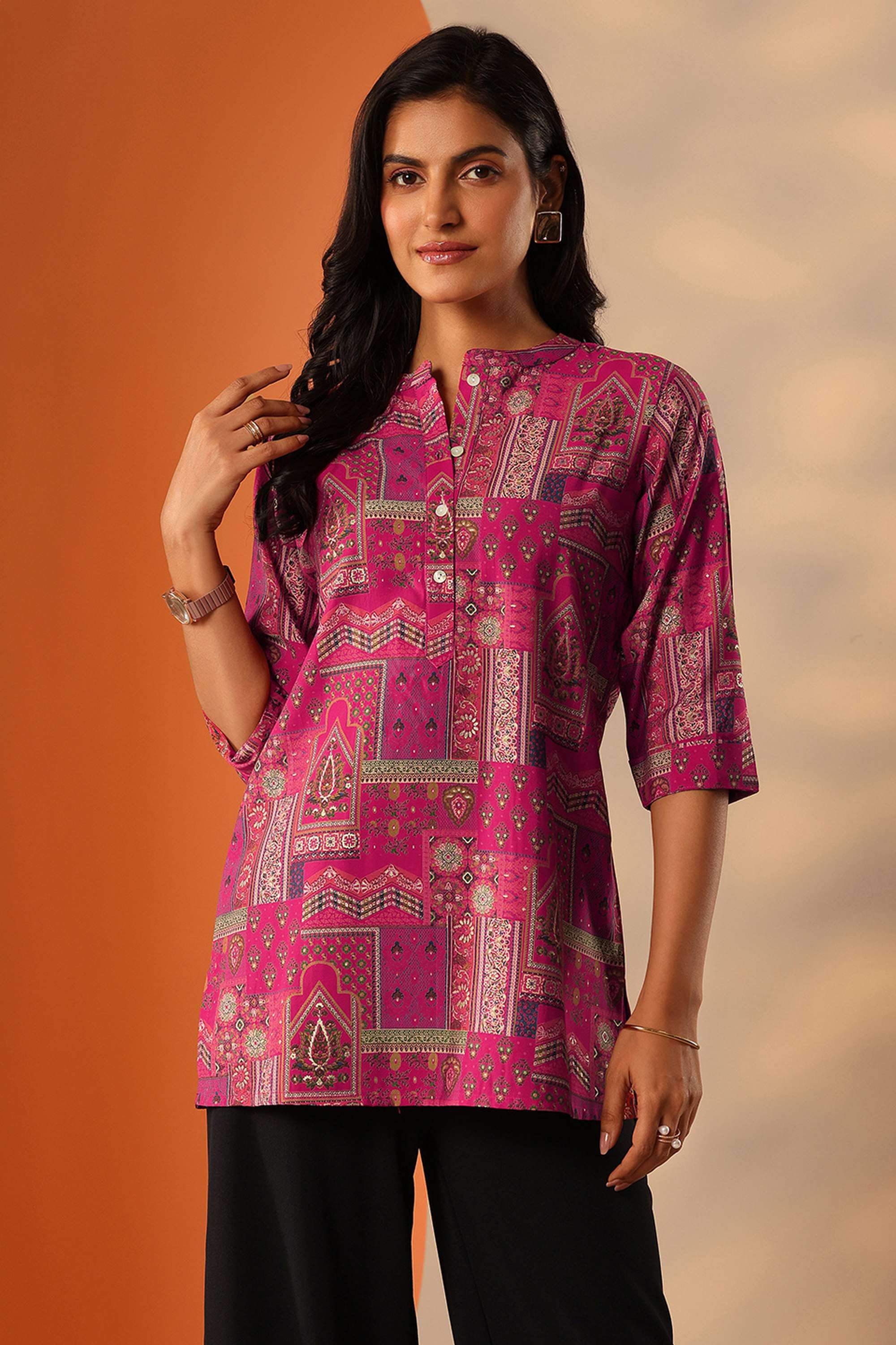 Traditional-Silk-Round-Neck-Women-Casual-wear-Kurti