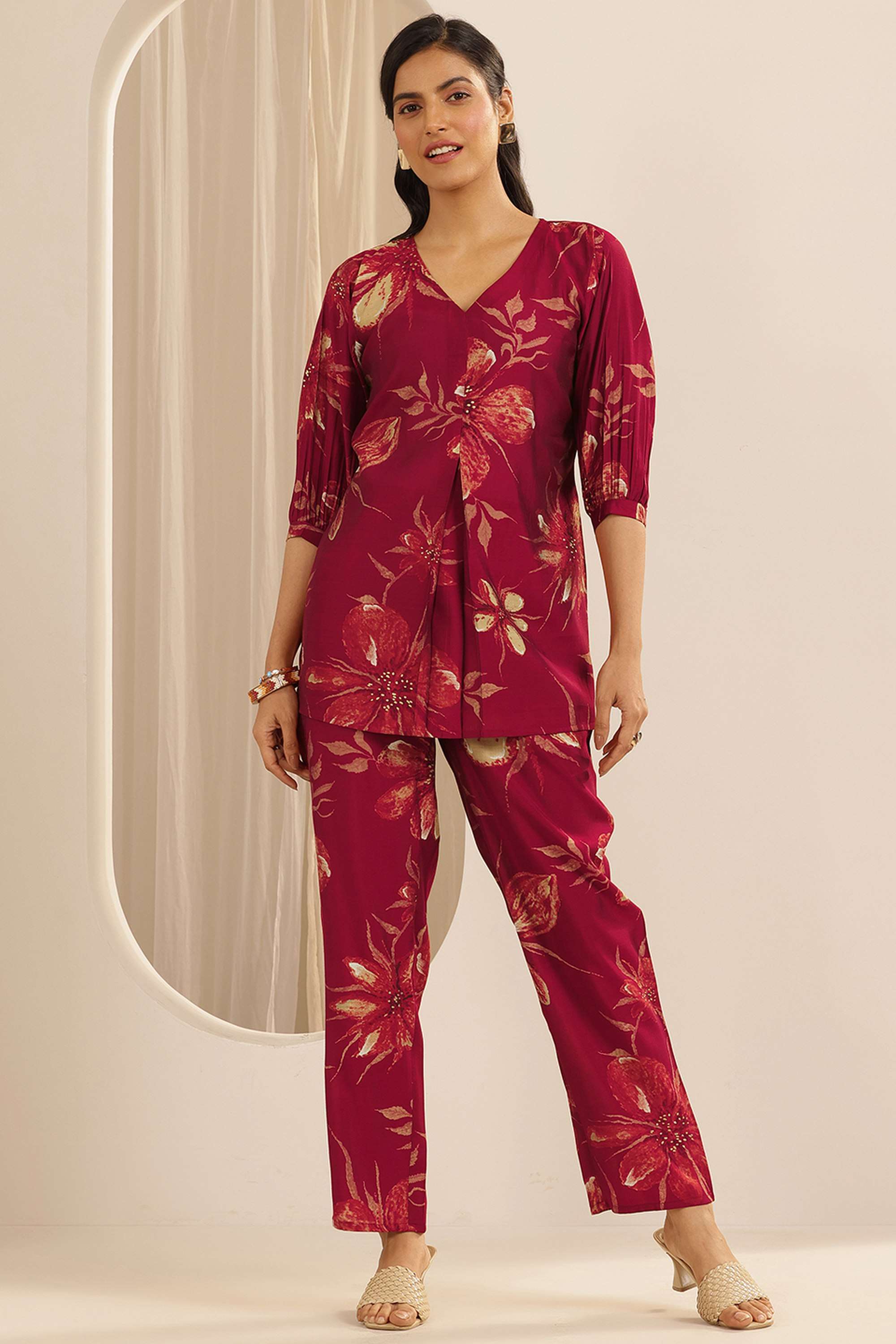3/4-Sleeves-Regular-Fit-Silk-Women-s-Co-Ord-Set