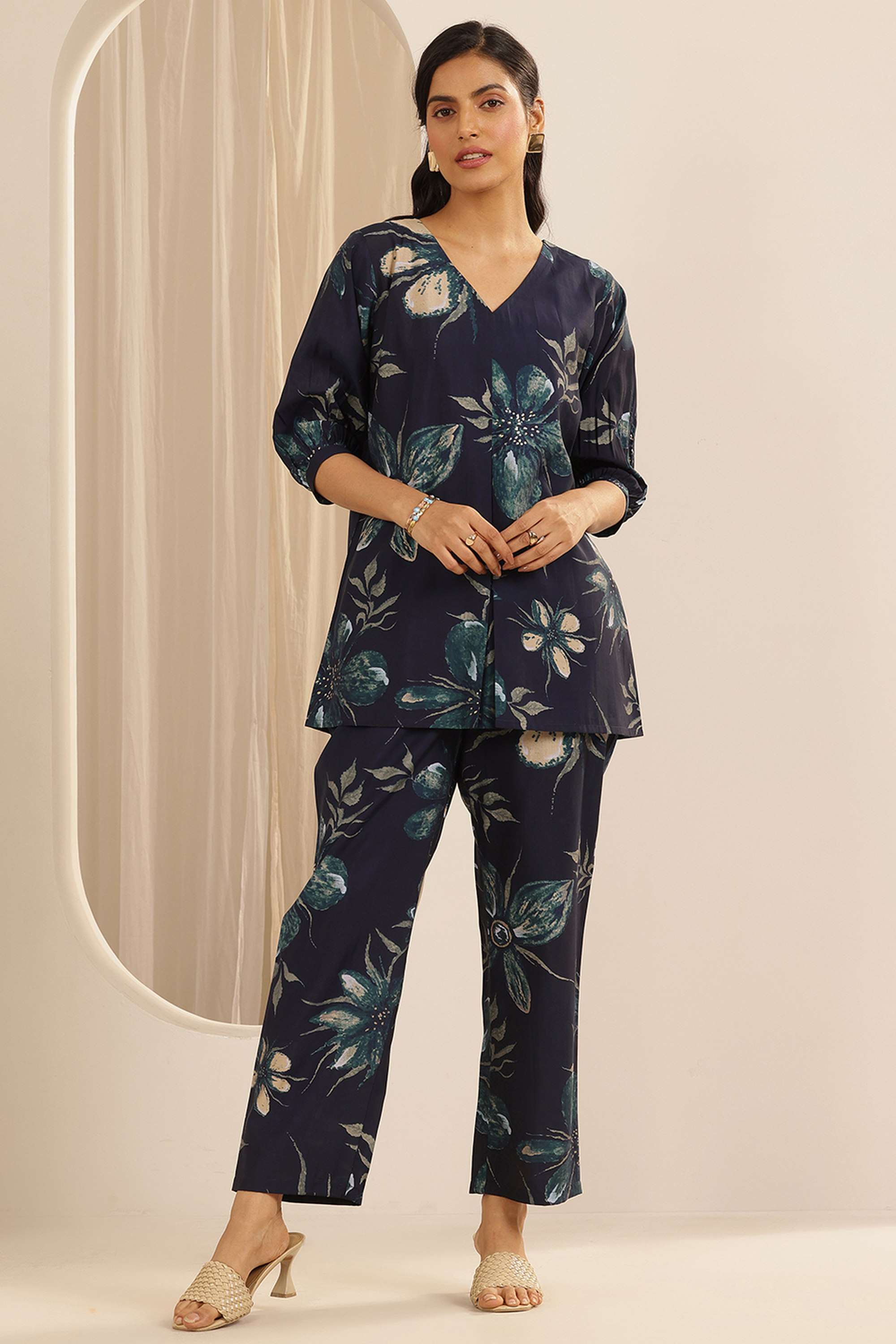 3/4-Sleeves-Regular-Fit-Silk-Women-s-Co-Ord-Set