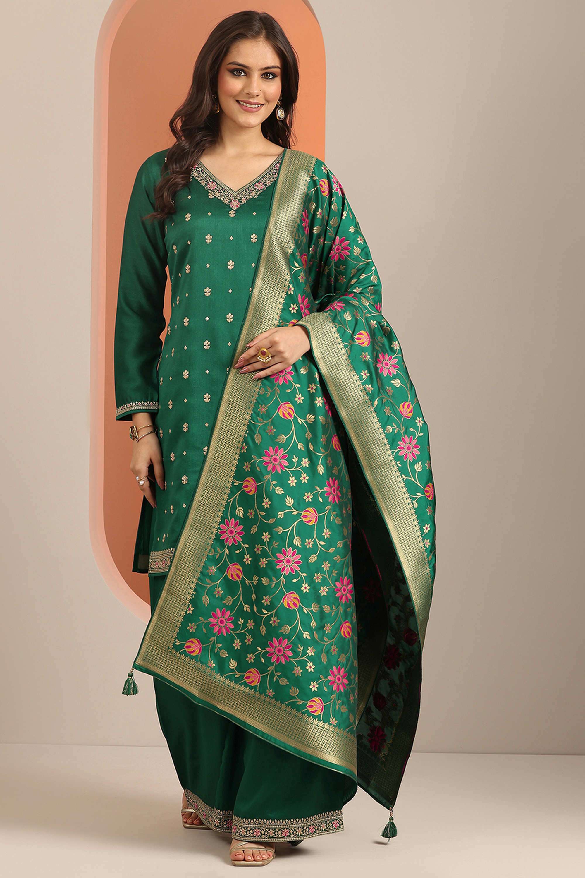 Embroidered-Knee-Length-Silk-Blend-Woven-Women-s-Kurta-Set