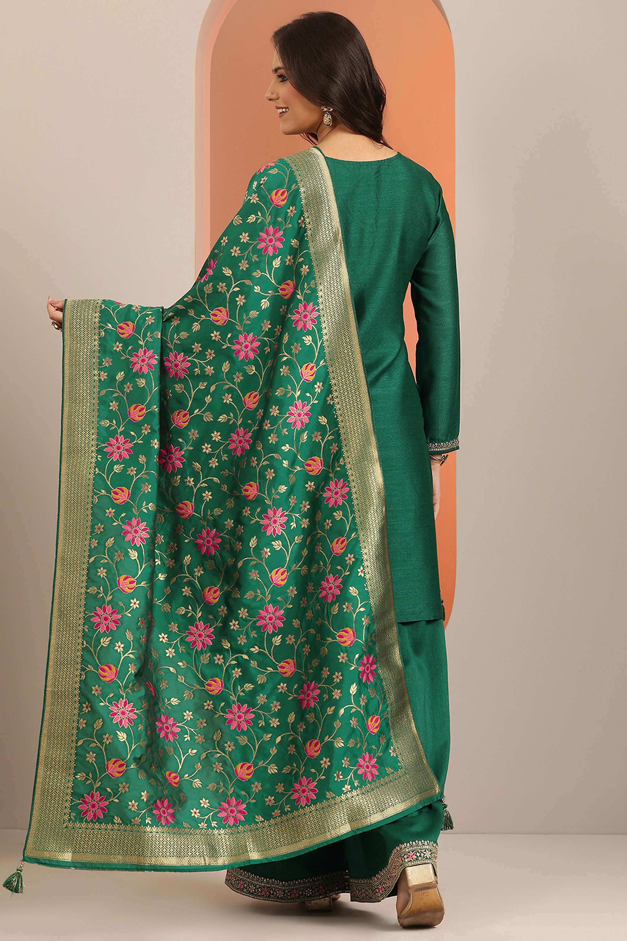 Embroidered-Knee-Length-Silk-Blend-Woven-Women-s-Kurta-Set