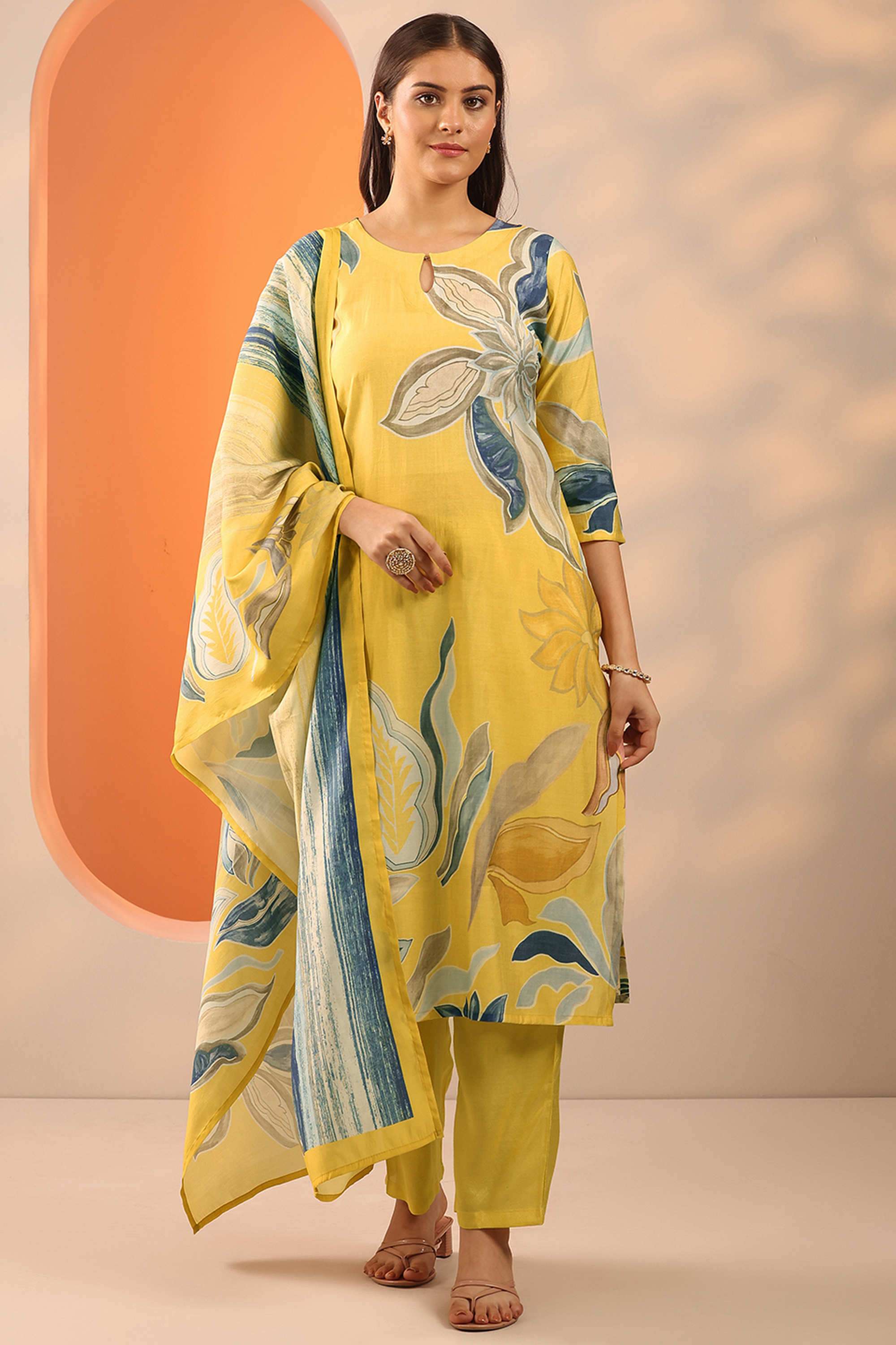 Floral-Calf-Length-Silk-Blend-Woven-Women-s-Kurta-Set