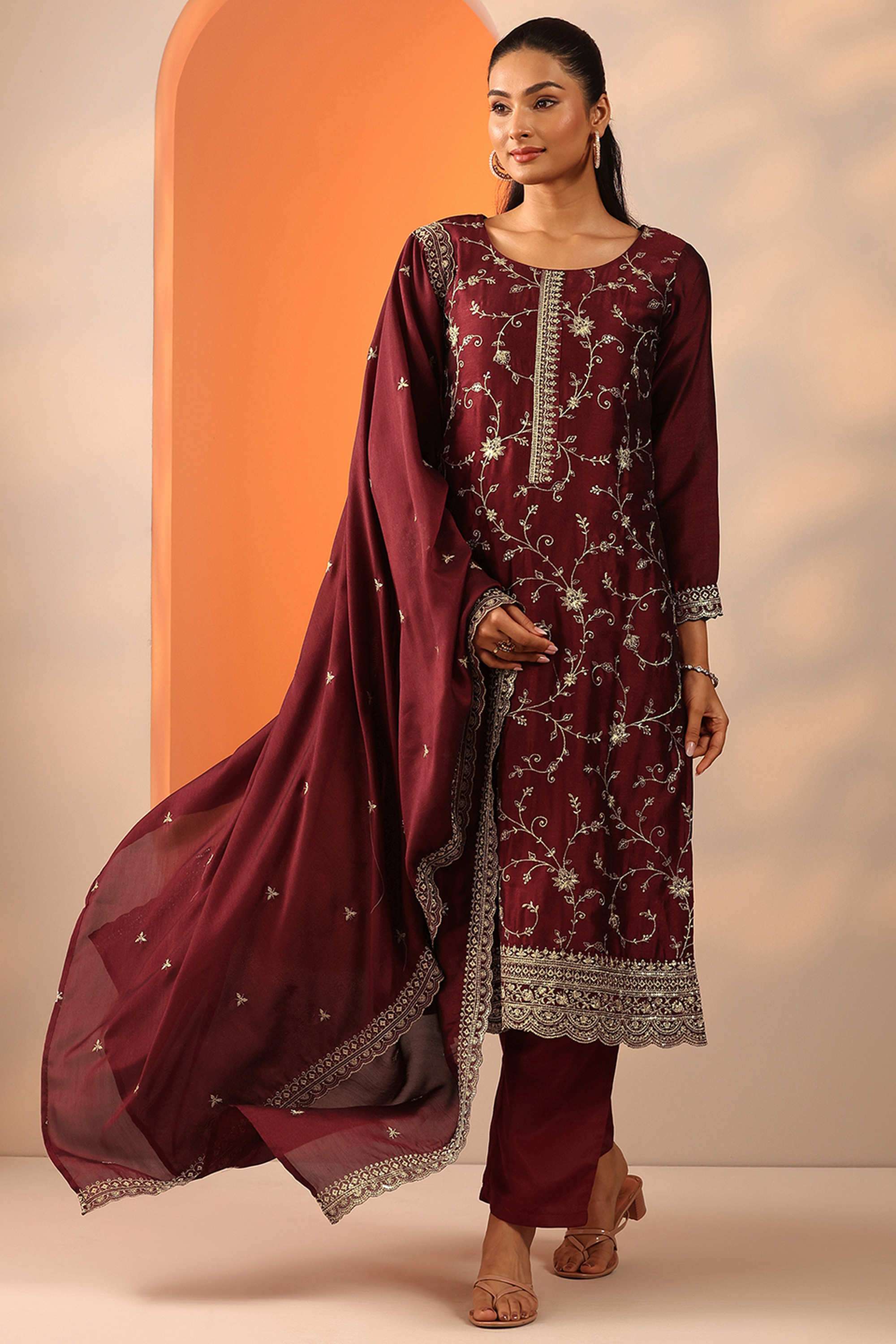 Embroidered-Calf-Length-Silk-Blend-Woven-Women-s-Kurta-Set