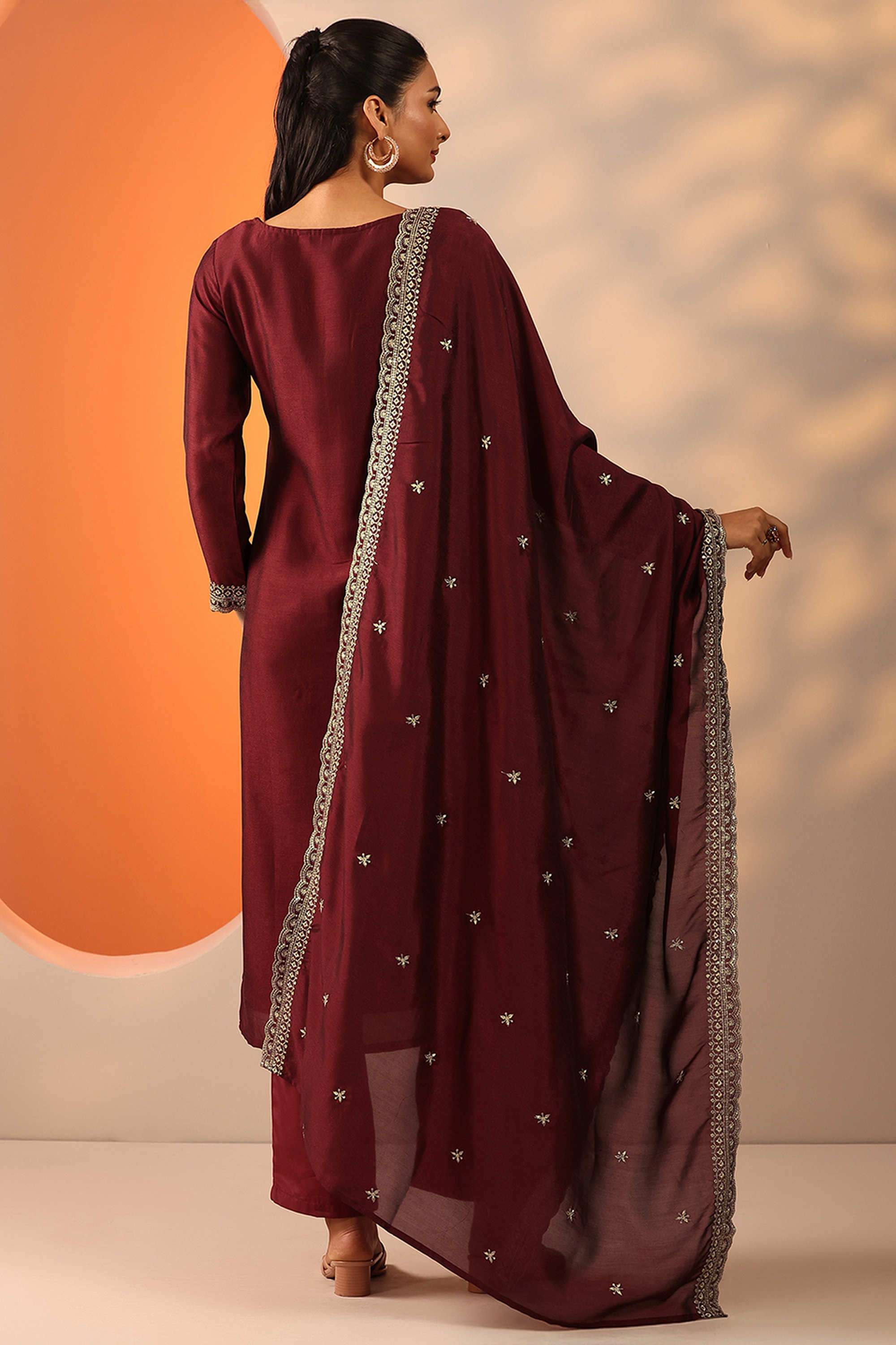 Embroidered-Calf-Length-Silk-Blend-Woven-Women-s-Kurta-Set