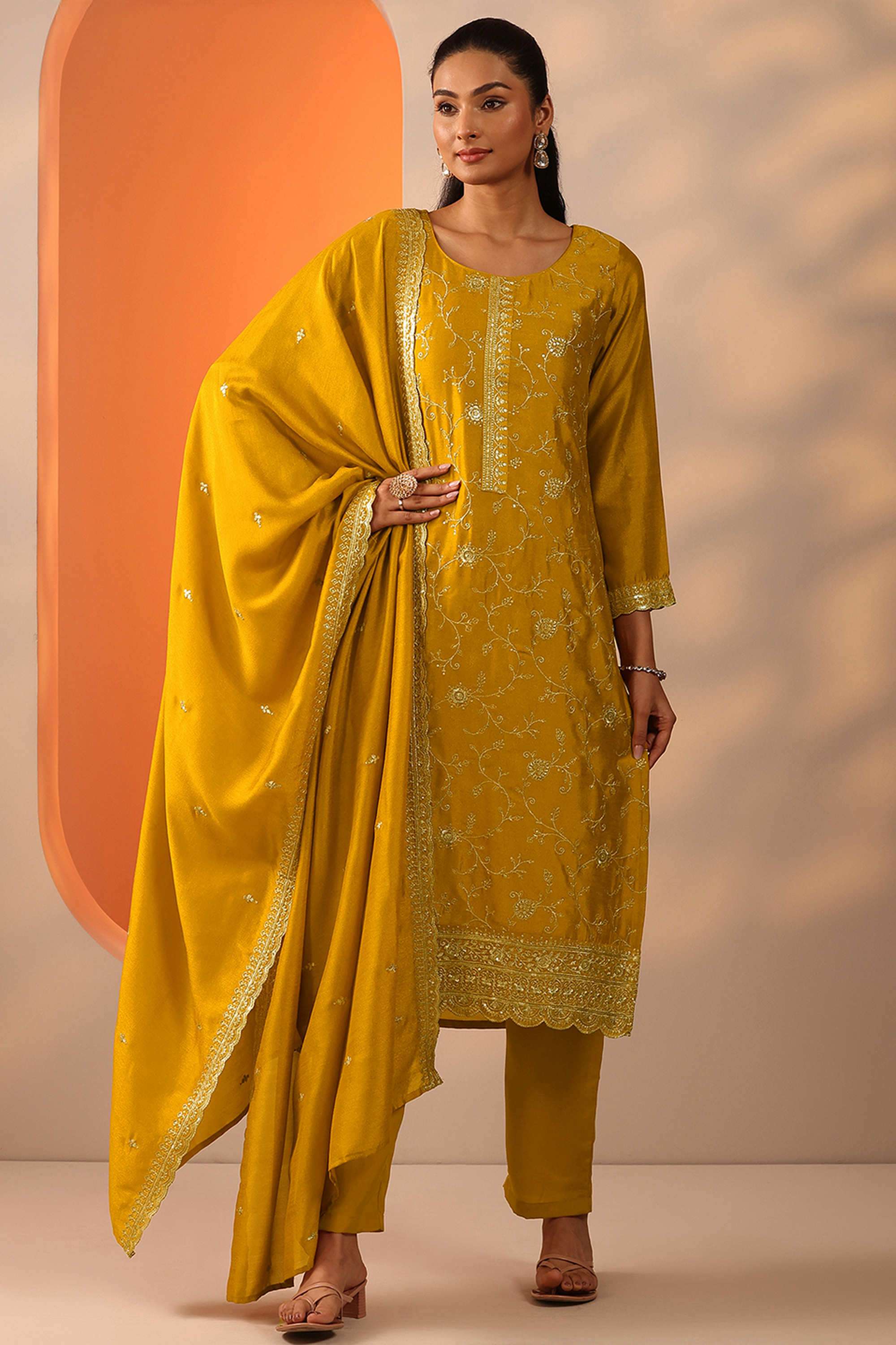 Embroidered-Calf-Length-Silk-Blend-Woven-Women-s-Kurta-Set