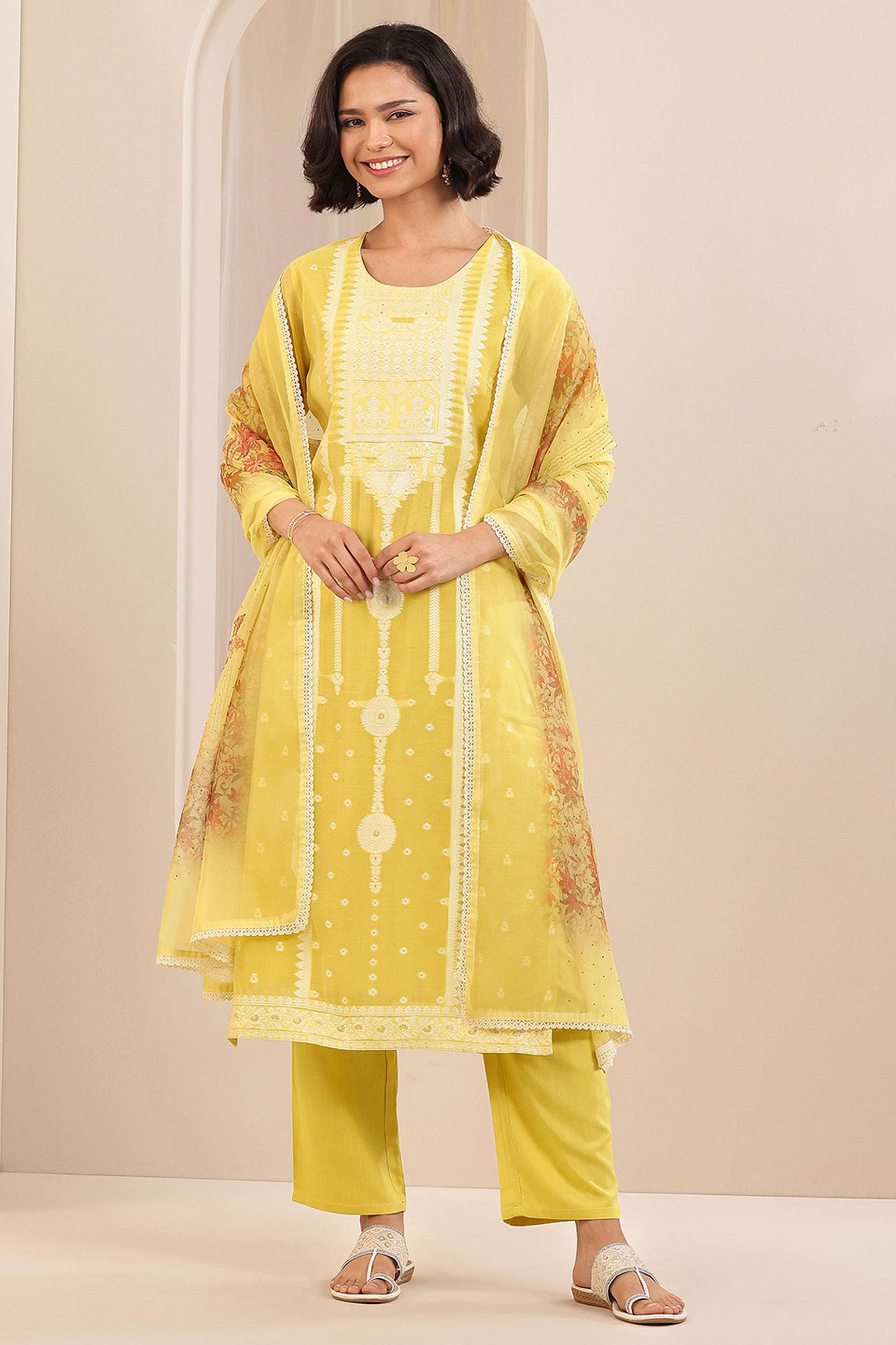 Floral-V-Neck-Silk-Women-Kurta-Set