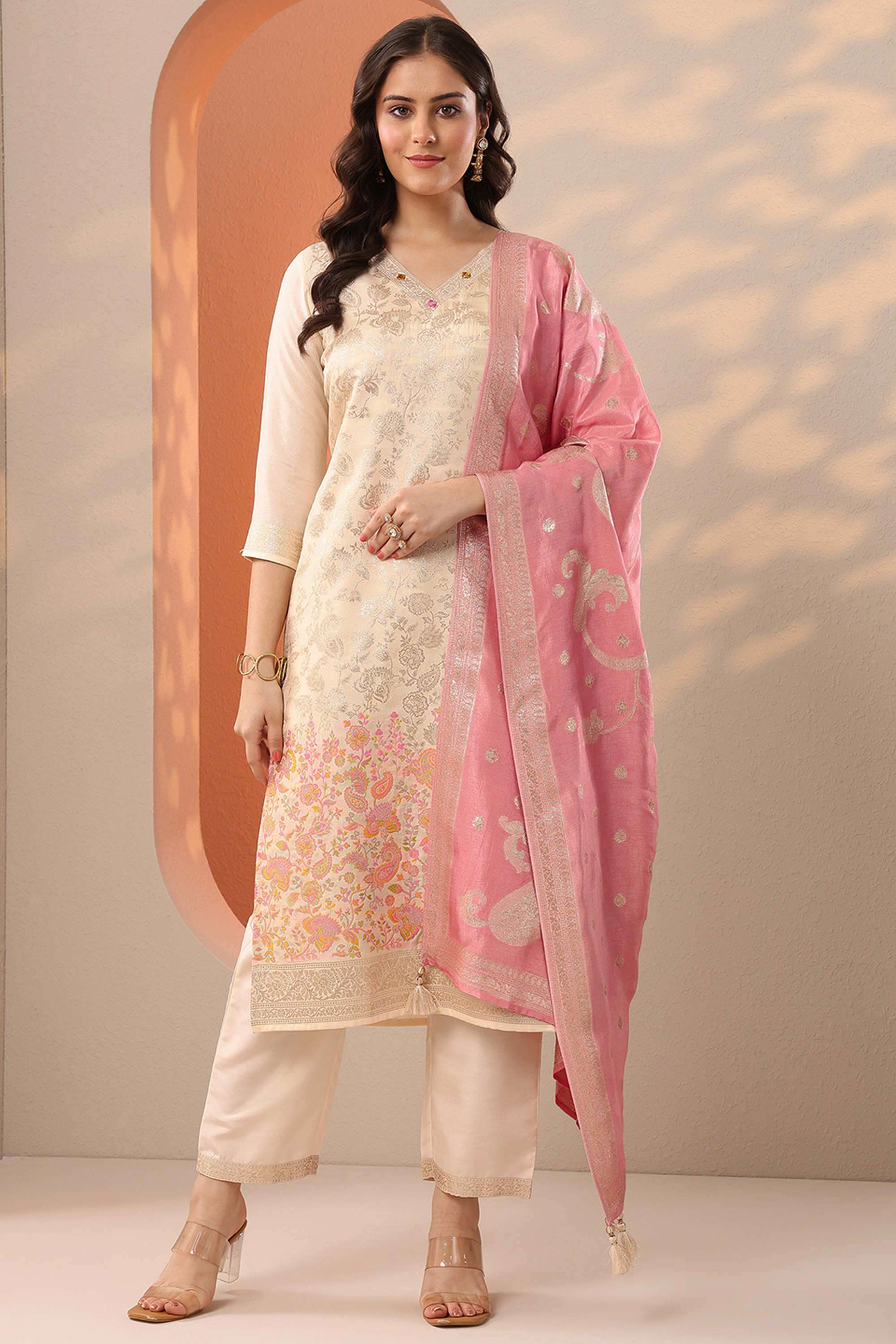 Floral-Calf-Length-Silk-Blend-Woven-Women-s-Kurta-Set