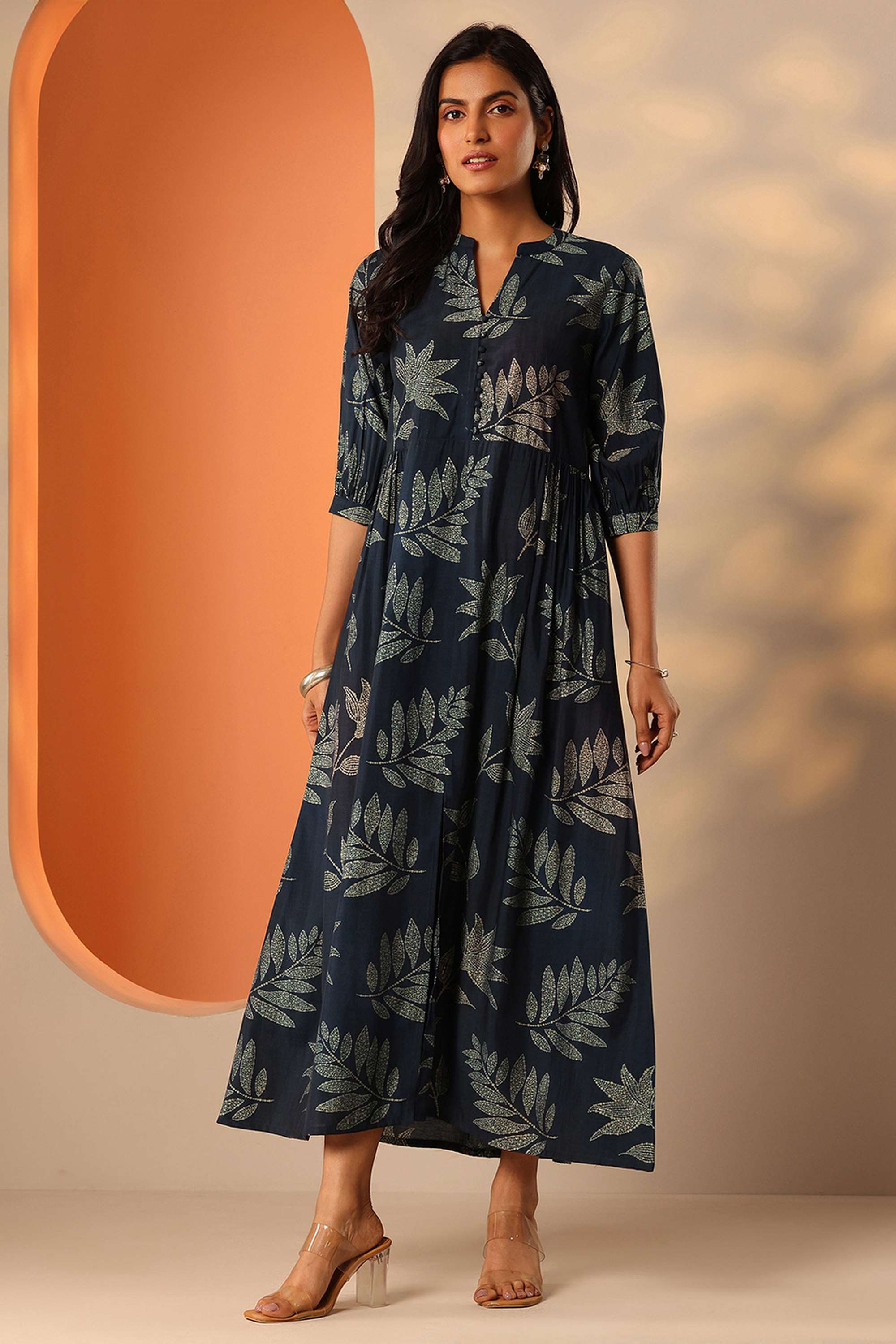 Floral-Silk-Round-Neck-3/4-Sleeves-Casual-wear-Women-Dress