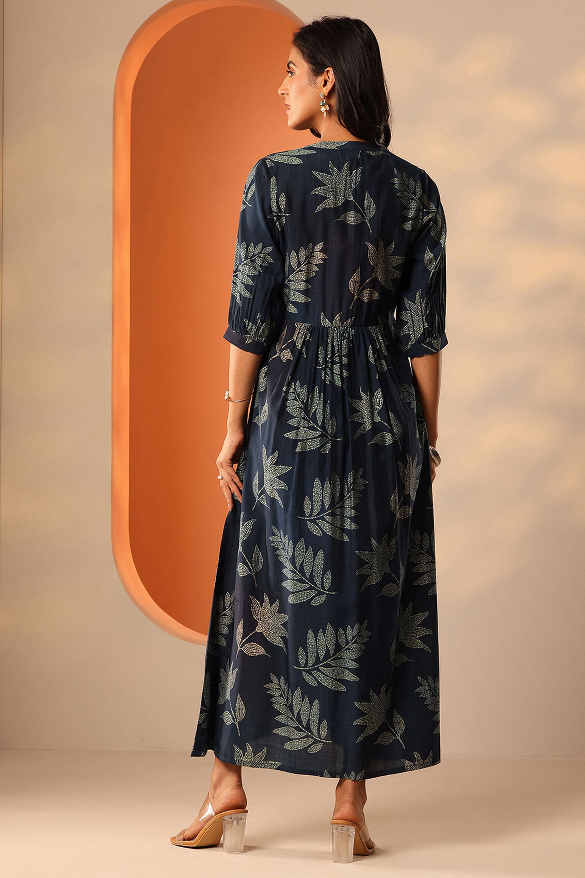 Floral-Silk-Round-Neck-3/4-Sleeves-Casual-wear-Women-Dress