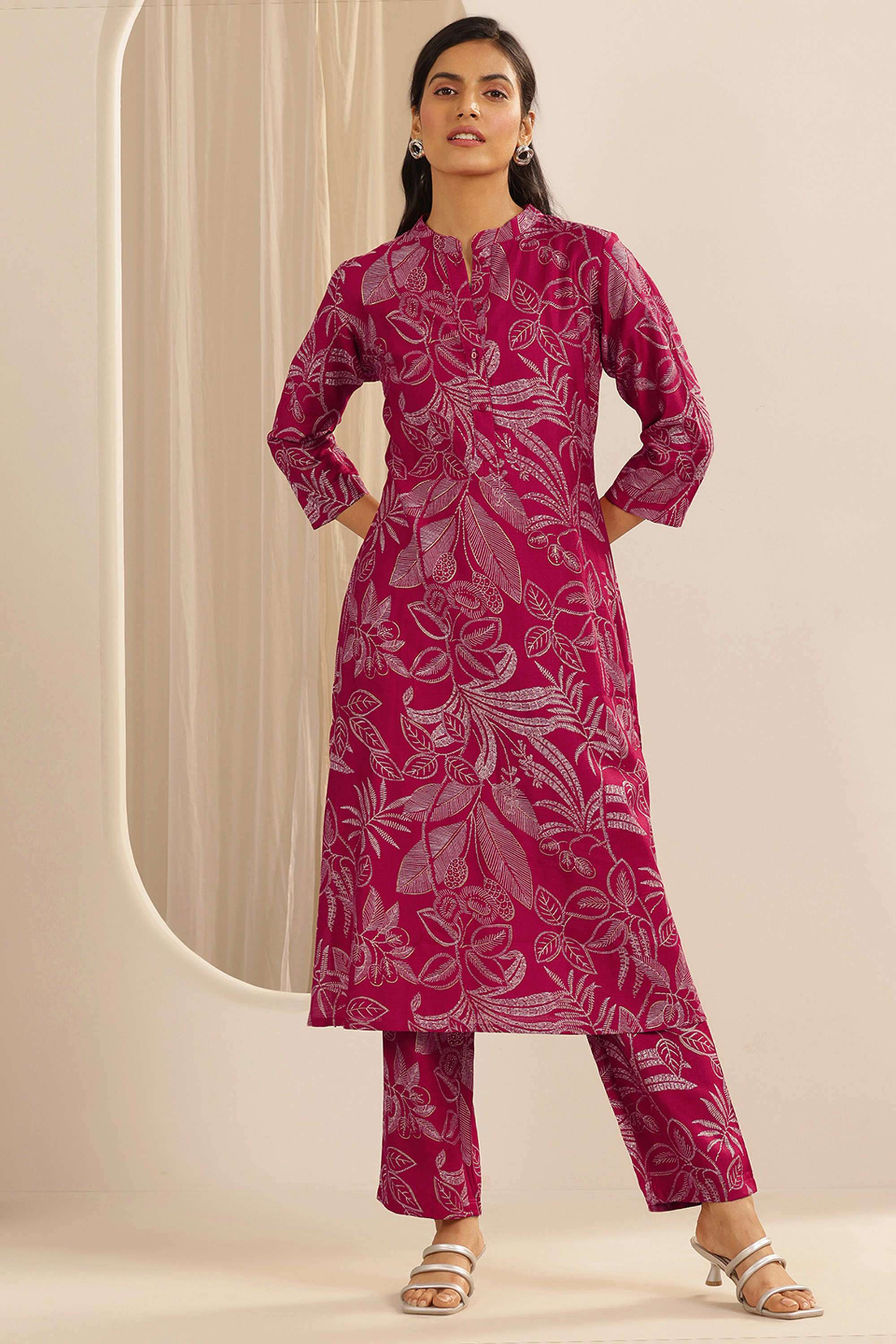 Floral-Ankle-Length-Silk-Blend-Woven-Women-s-Co-Ord-Set