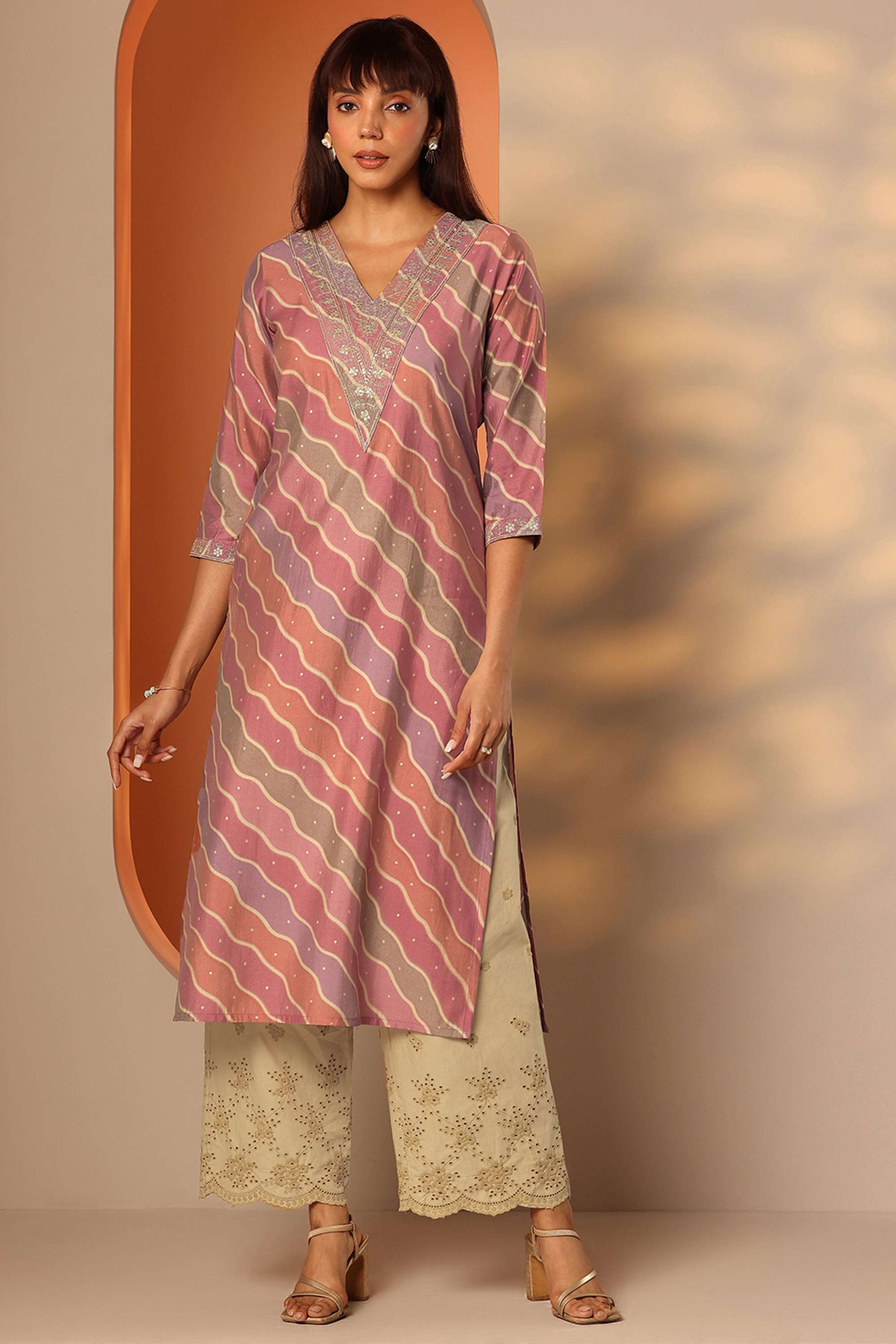 Floral-Silk-Round-Neck-Women-Casual-wear-Kurta