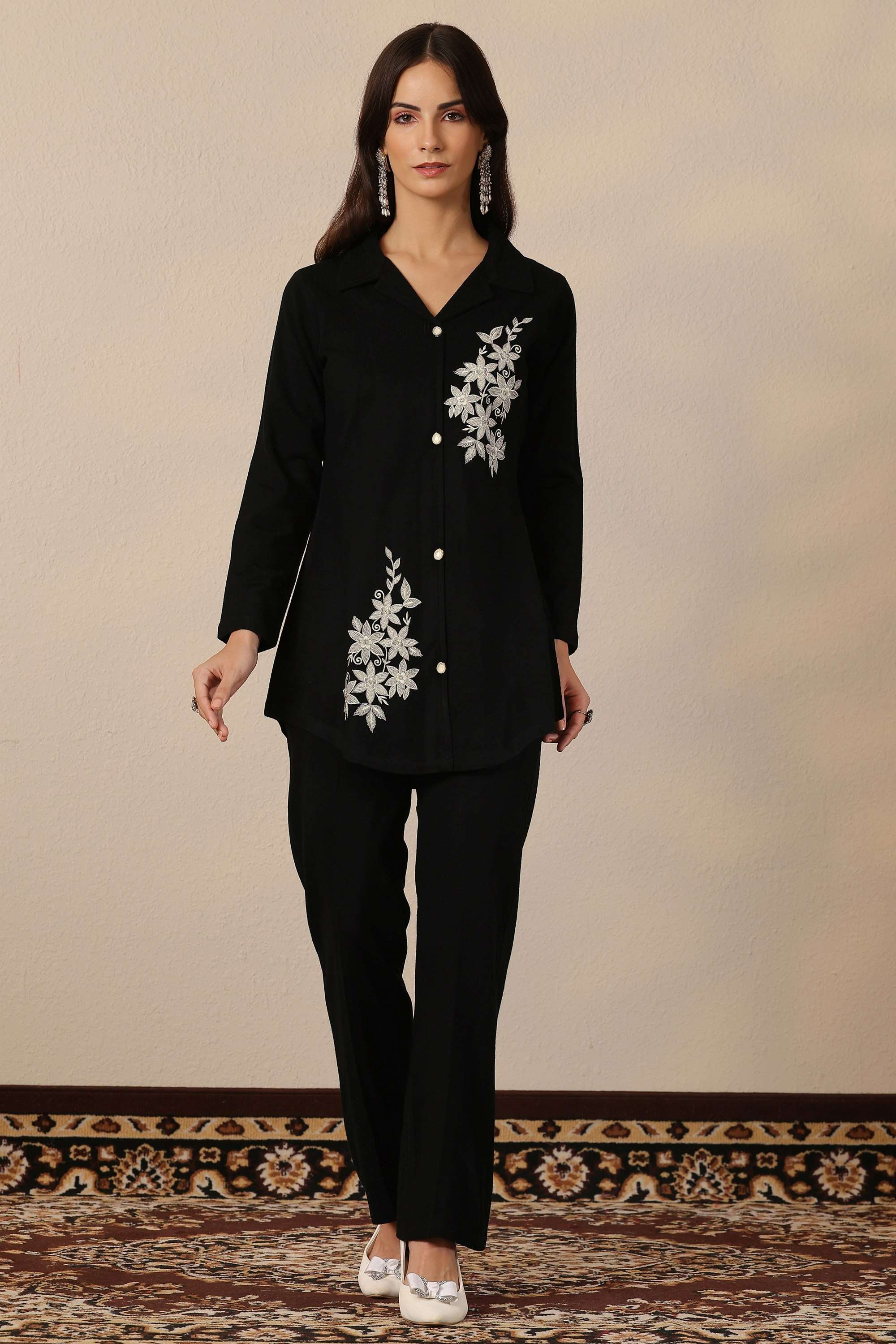 Floral-Wool-Collared-Women-s-Festive-Wear-Co-Ord-Set