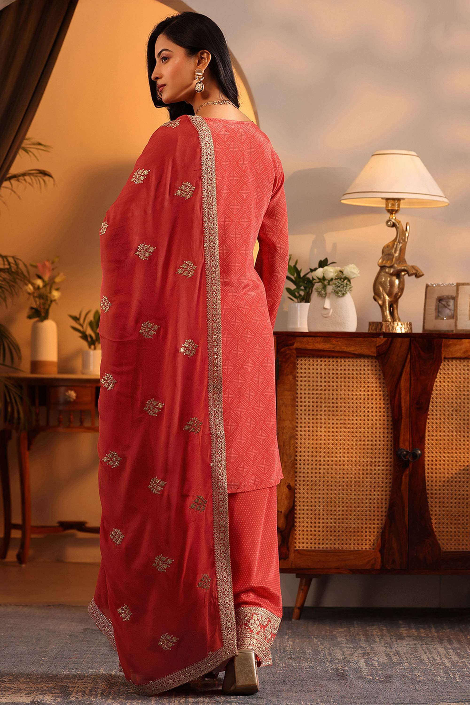 Bandhani-Blended-Fabric-V-Neck-Women-s-Festive-Wear-Kurta-Set